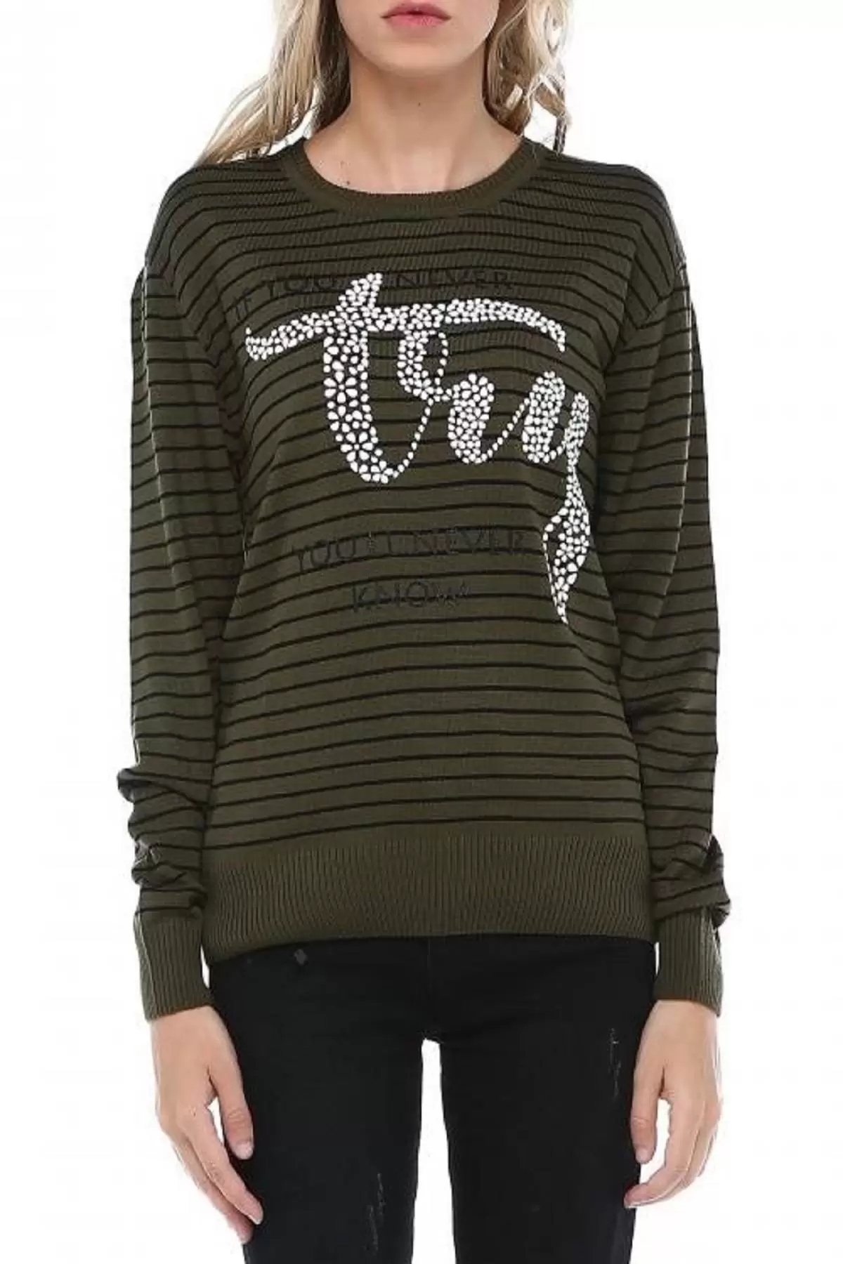 Bisiklet Yaka Çizgili Tly Baskılı Haki Triko Kadın Kazak