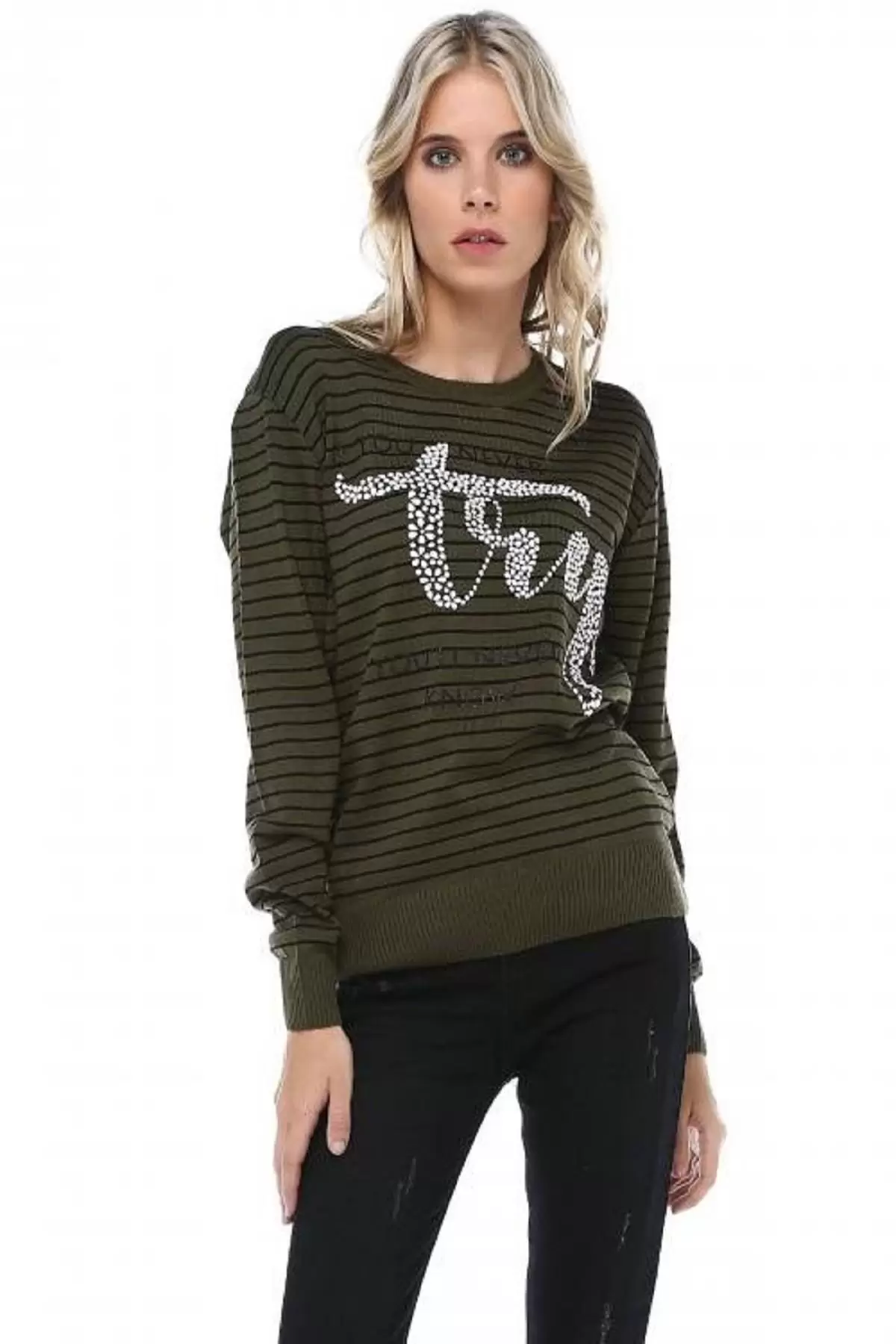 Bisiklet Yaka Çizgili Tly Baskılı Haki Triko Kadın Kazak