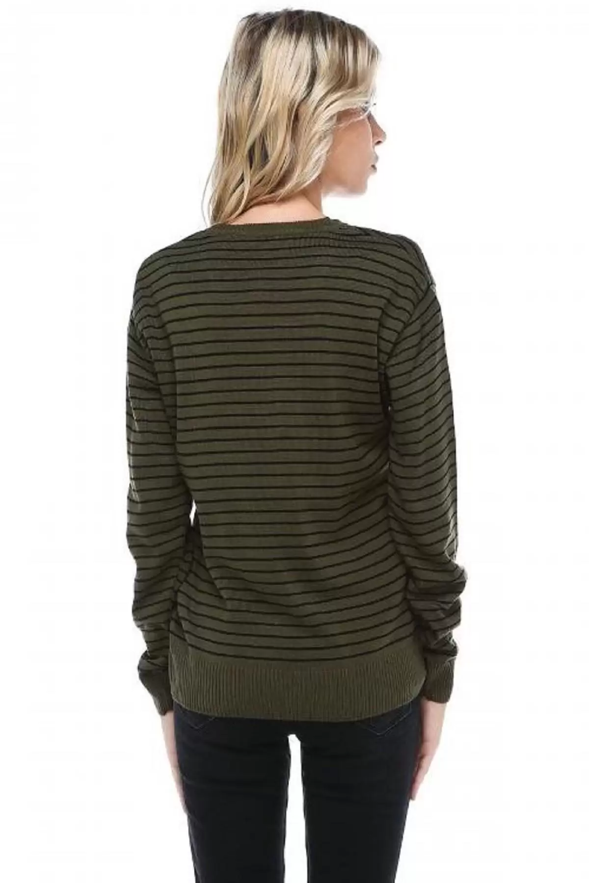 Bisiklet Yaka Çizgili Tly Baskılı Haki Triko Kadın Kazak