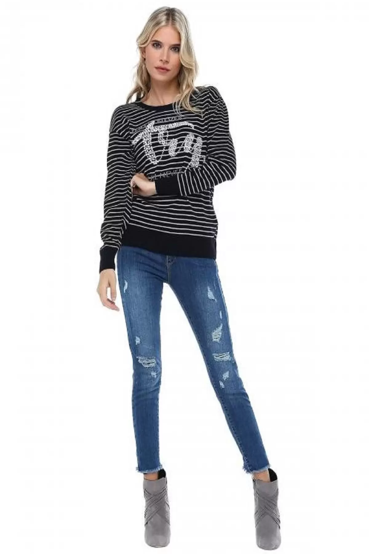 Bisiklet Yaka Çizgili Tly Baskılı Lacivert Triko Kadın Kazak