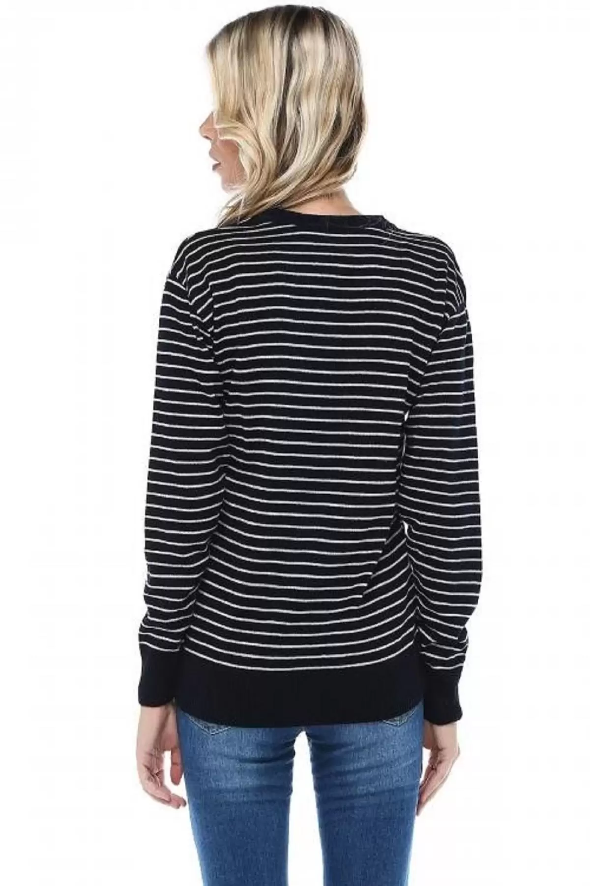 Bisiklet Yaka Çizgili Tly Baskılı Lacivert Triko Kadın Kazak