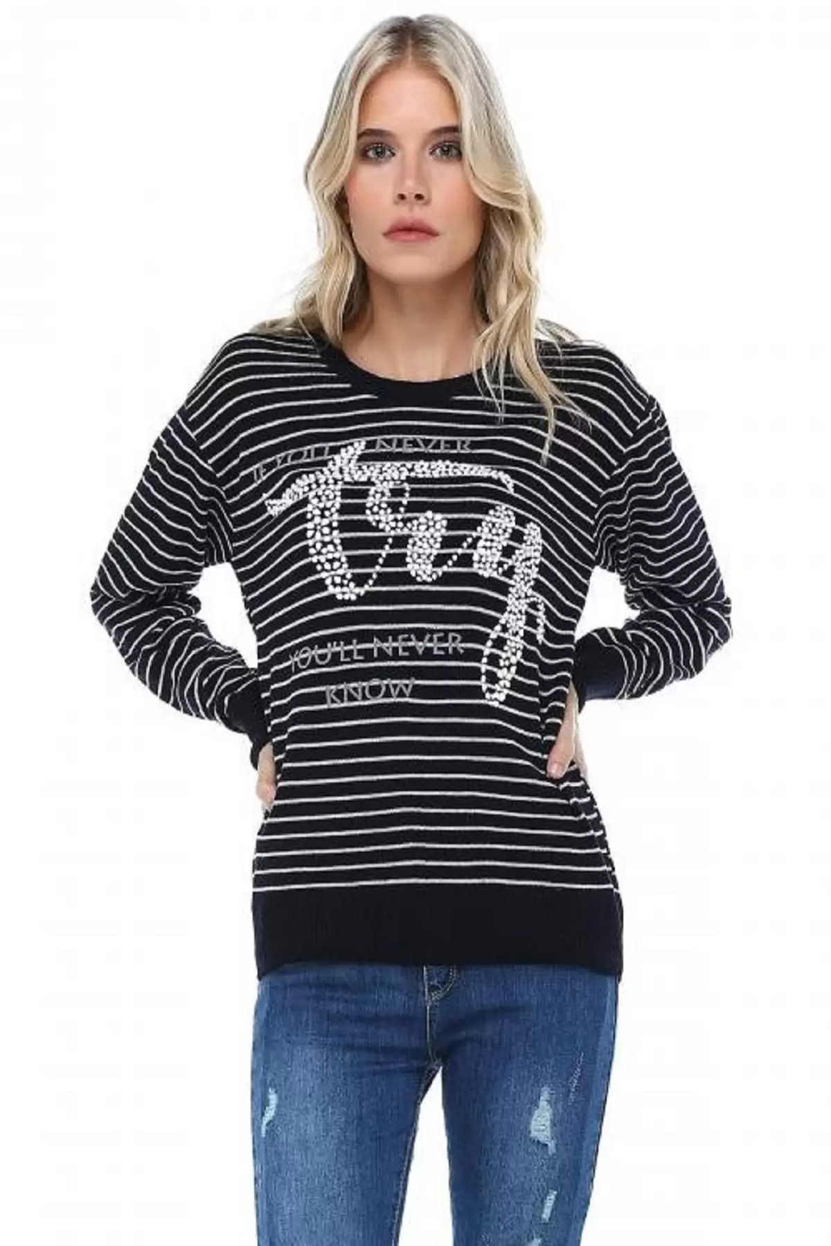 Bisiklet Yaka Çizgili Tly Baskılı Lacivert Triko Kadın Kazak