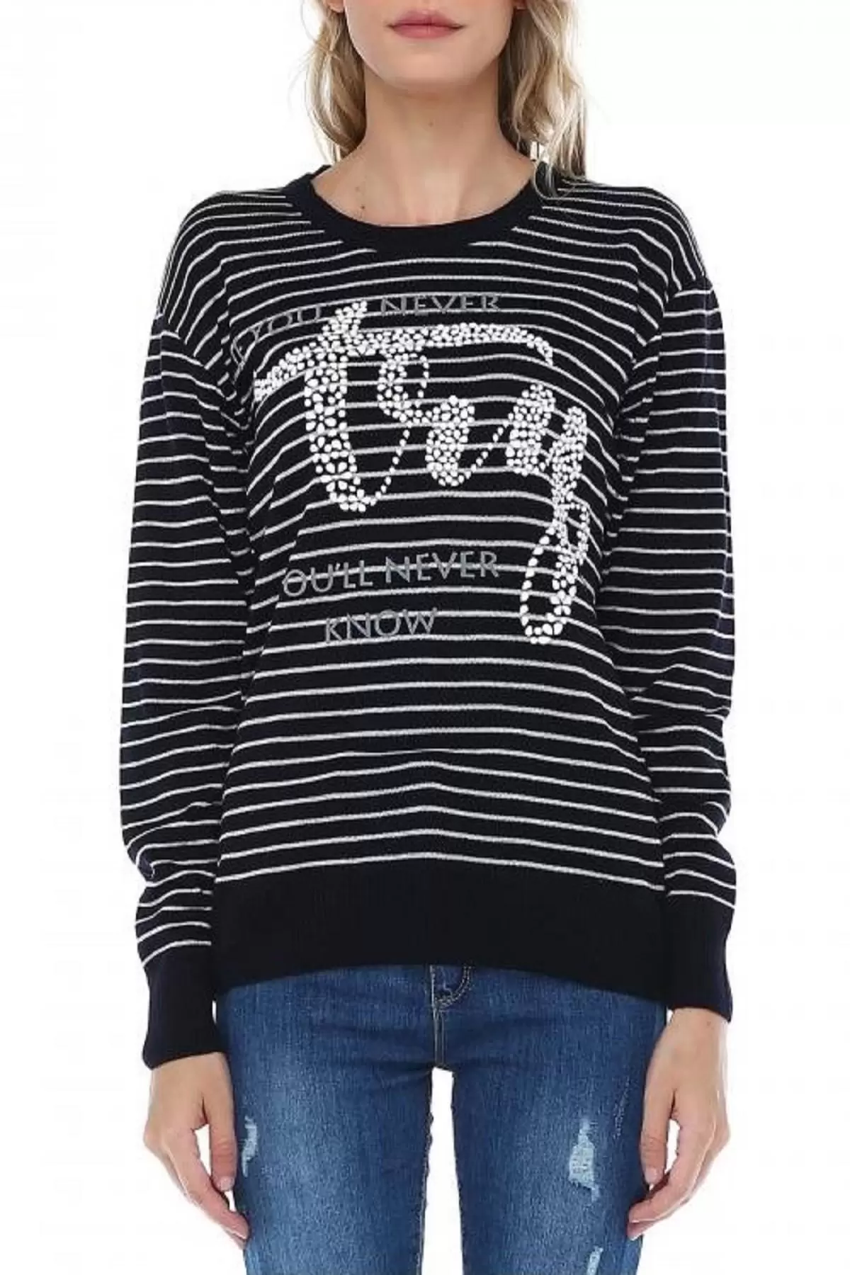 Bisiklet Yaka Çizgili Tly Baskılı Lacivert Triko Kadın Kazak
