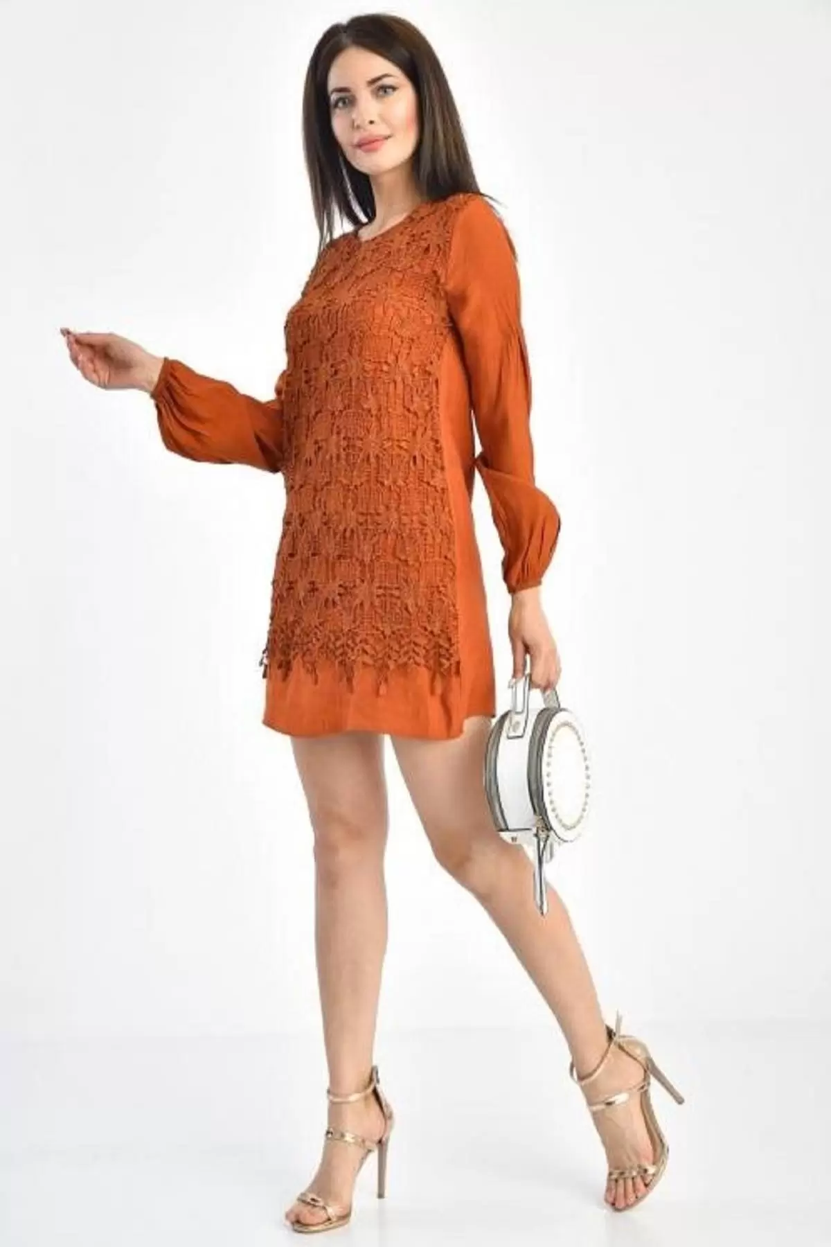 Bisiklet Yaka Dantel Takı Detaylı Kiremit Kadın Elbise