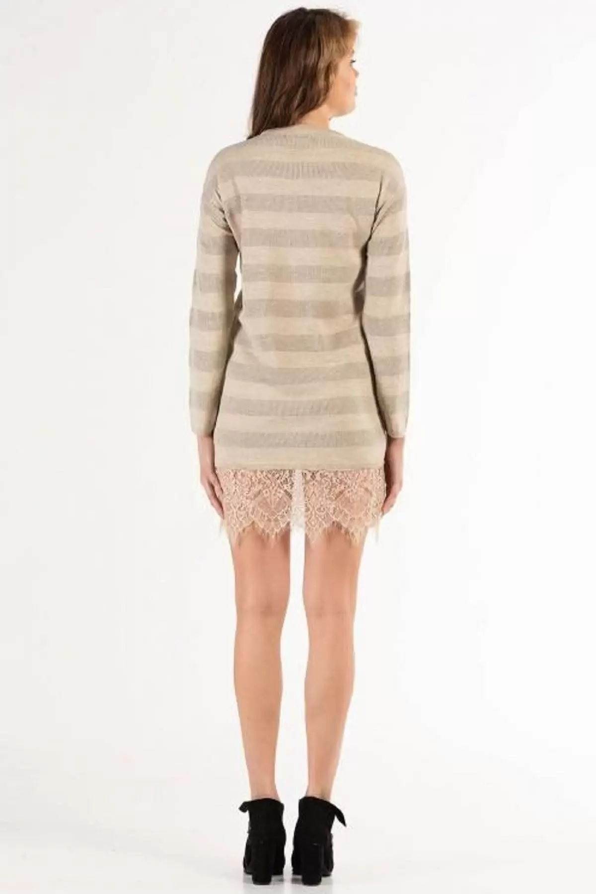 Bisiklet Yaka Dantelli Simli Bej Triko Kadın Elbise