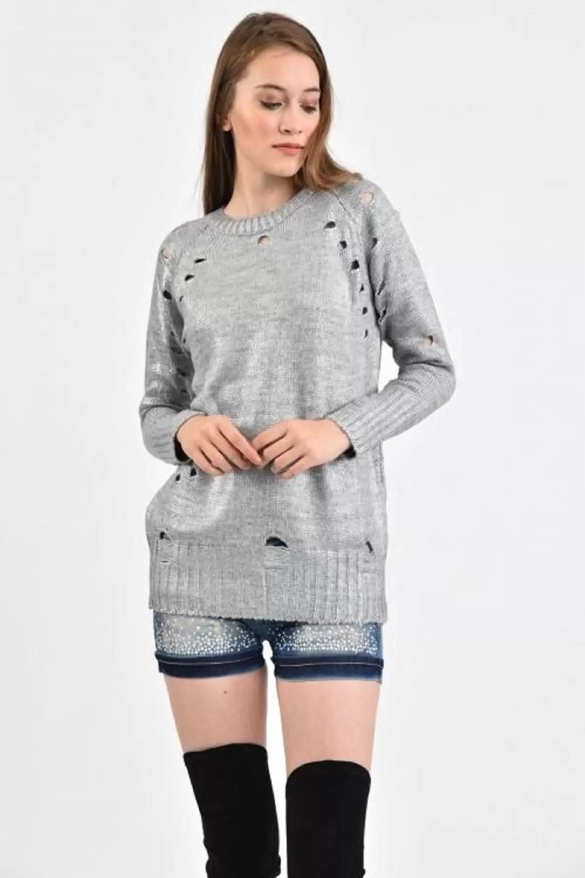 Bisiklet Yaka Delikli Kesim Gri Kadın Kazak