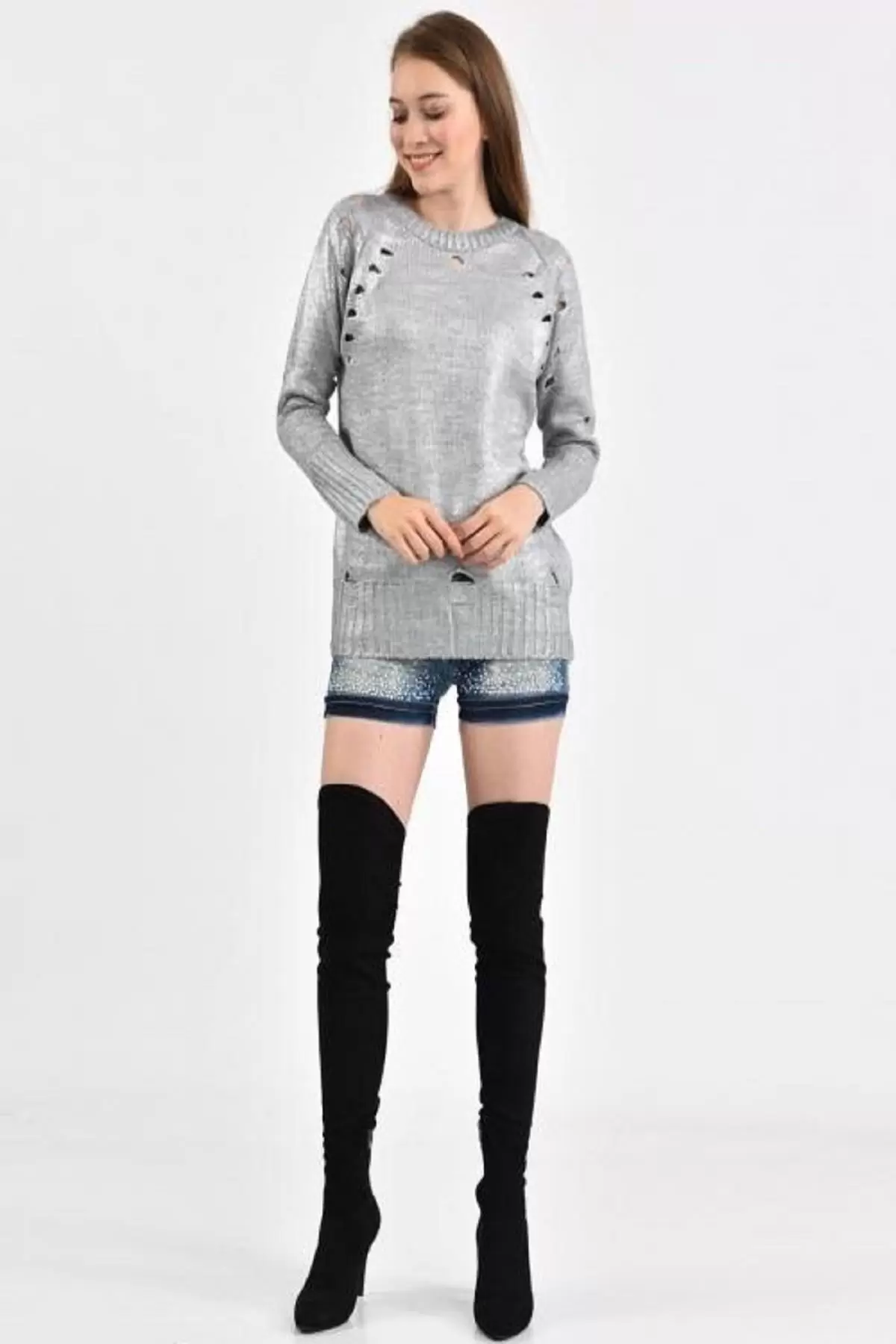 Bisiklet Yaka Delikli Kesim Gri Kadın Kazak