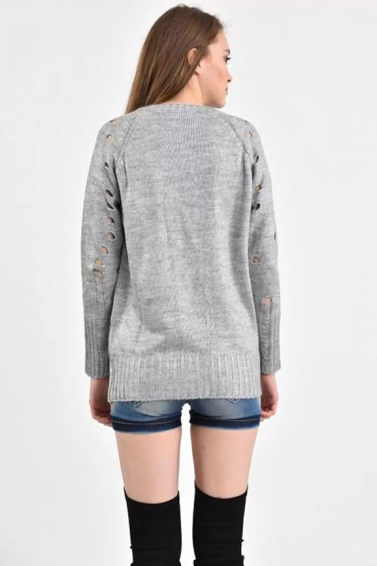 Bisiklet Yaka Delikli Kesim Gri Kadın Kazak