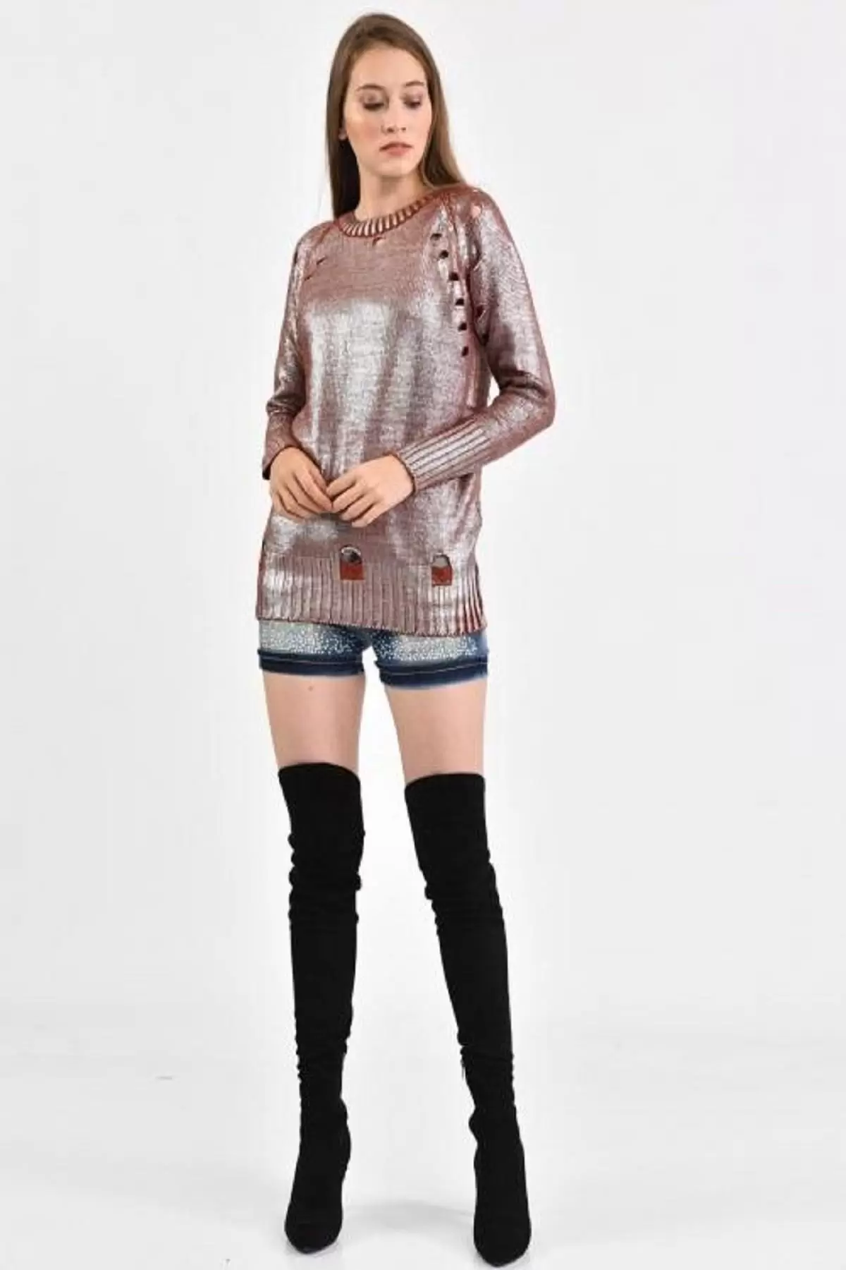 Bisiklet Yaka Delikli Kesim Kiremit Kadın Kazak