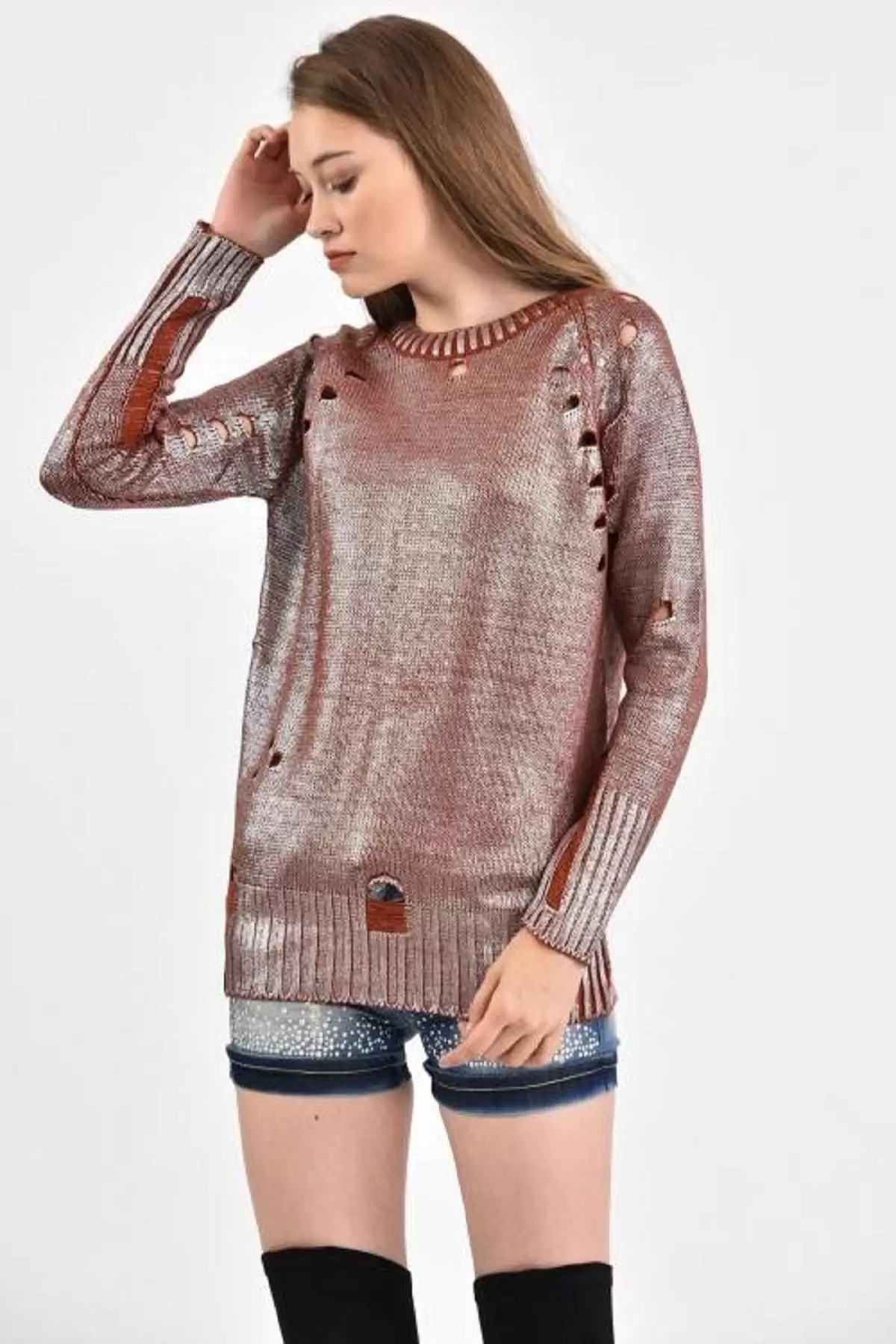 Bisiklet Yaka Delikli Kesim Kiremit Kadın Kazak