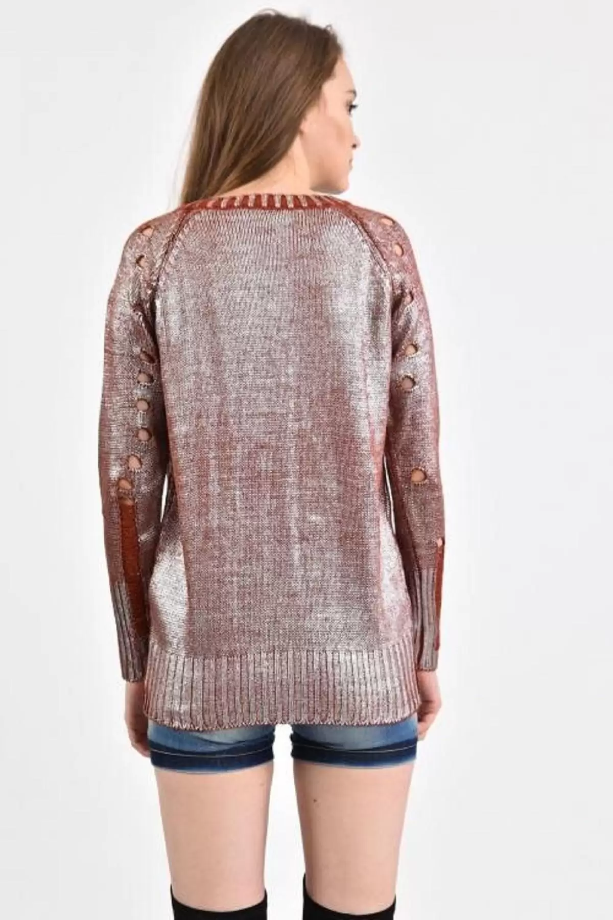 Bisiklet Yaka Delikli Kesim Kiremit Kadın Kazak