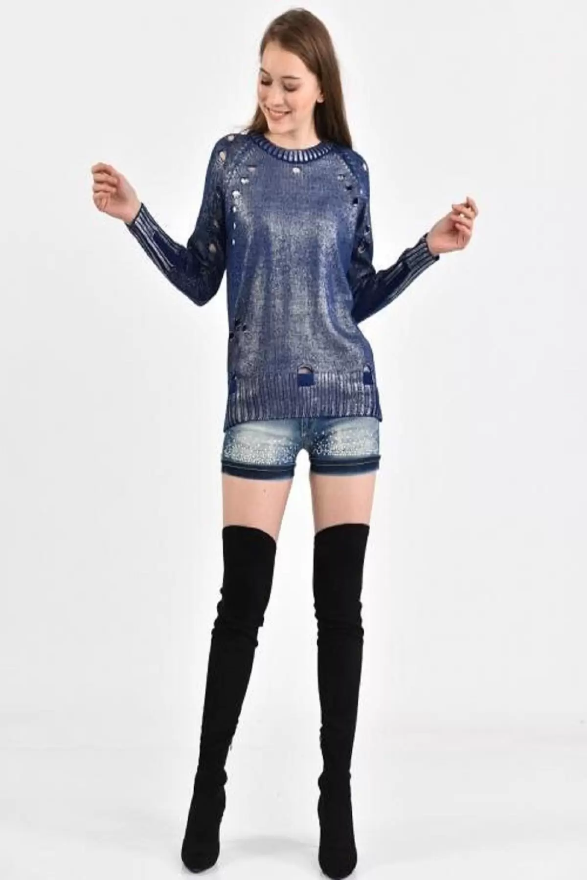 Bisiklet Yaka Delikli Kesim Mavi Kadın Kazak