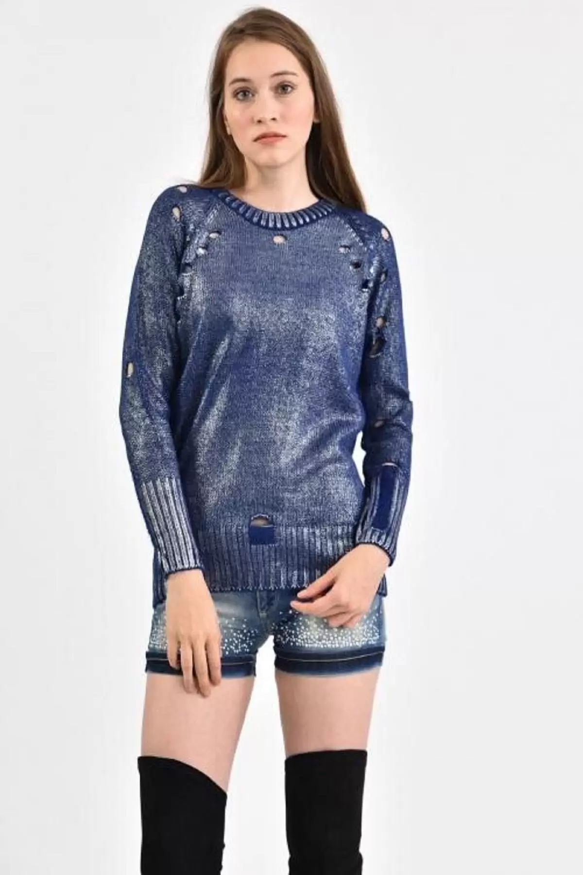Bisiklet Yaka Delikli Kesim Mavi Kadın Kazak