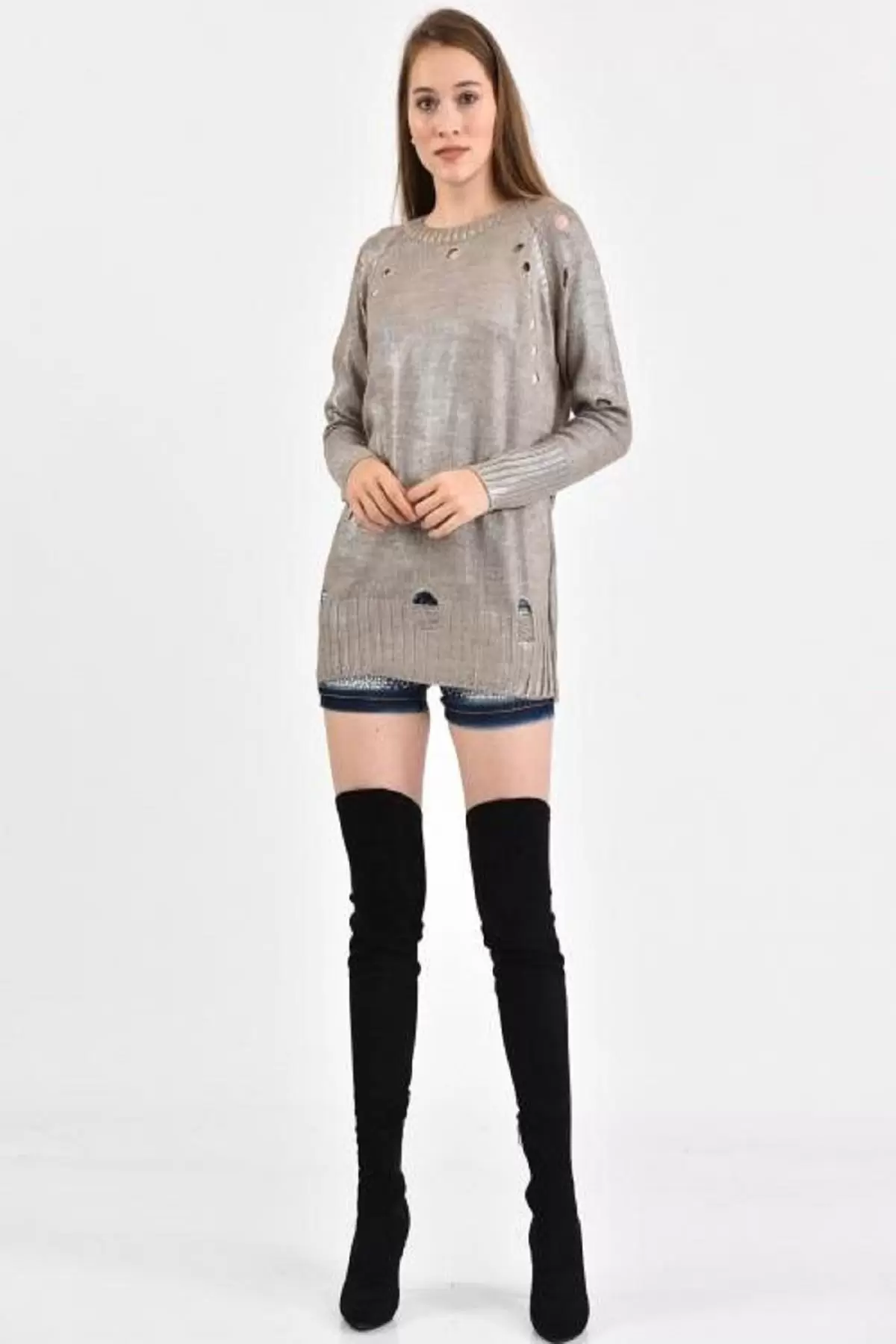 Bisiklet Yaka Delikli Kesim Vizon Kadın Kazak