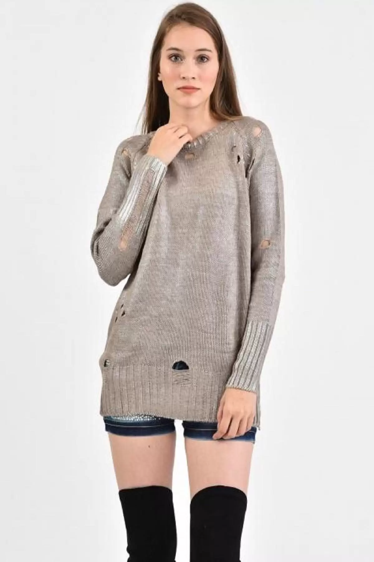 Bisiklet Yaka Delikli Kesim Vizon Kadın Kazak