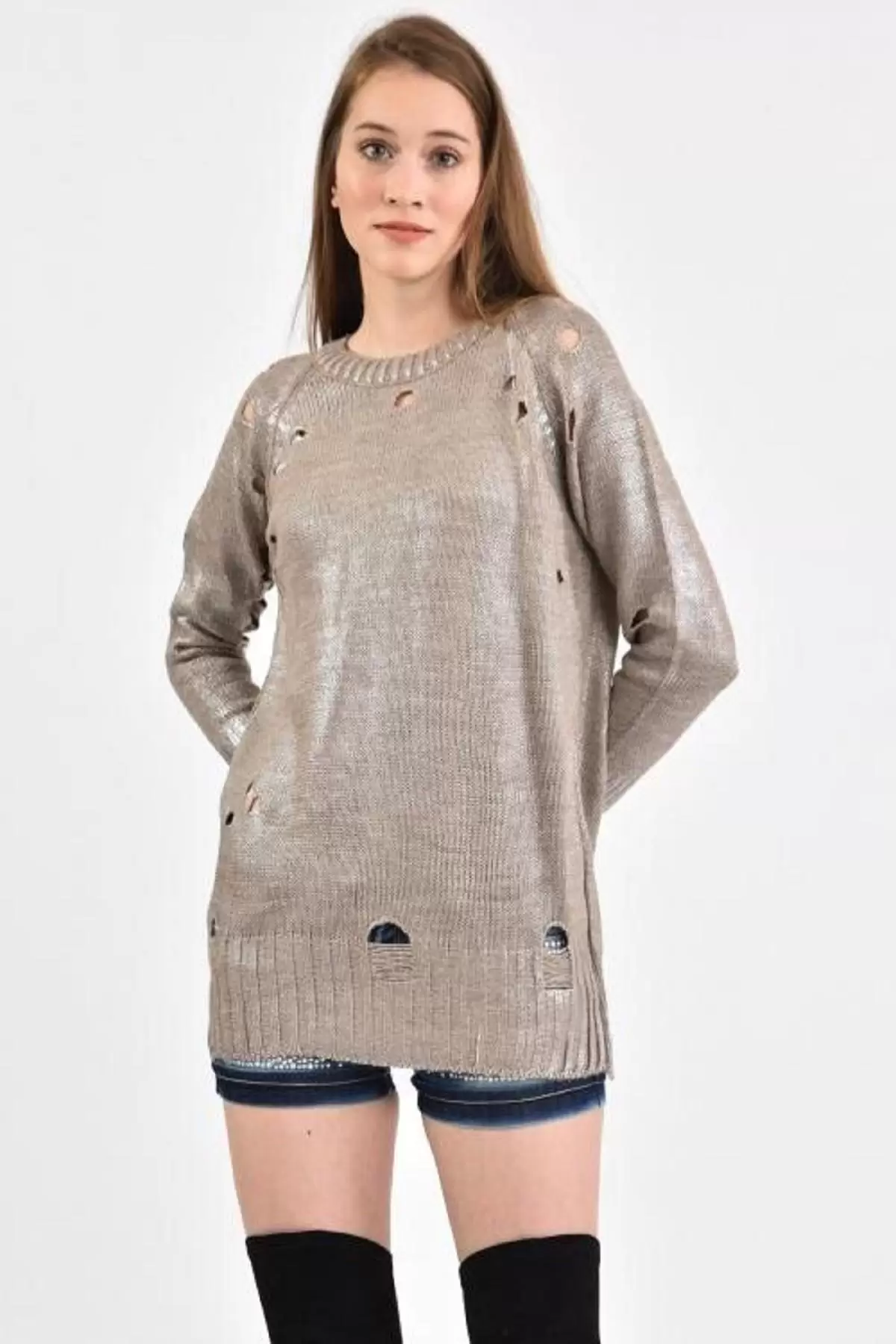 Bisiklet Yaka Delikli Kesim Vizon Kadın Kazak