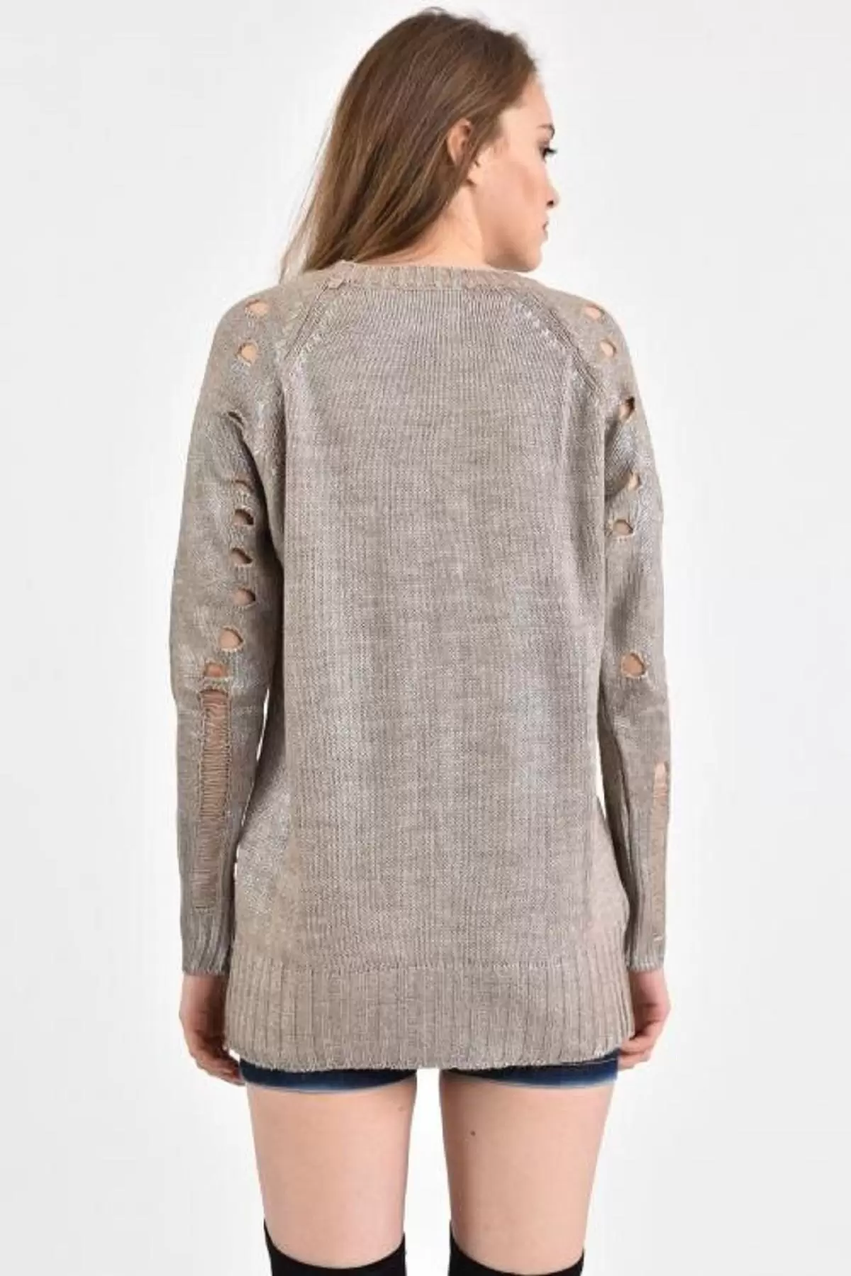 Bisiklet Yaka Delikli Kesim Vizon Kadın Kazak