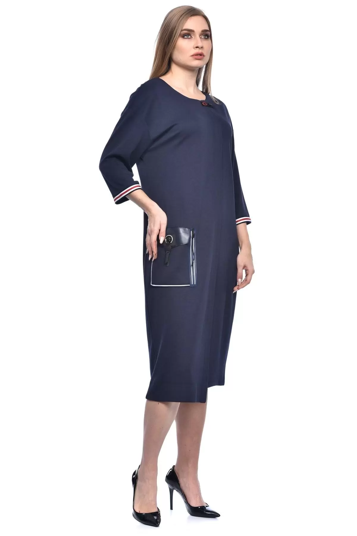 Bisiklet Yaka Deri Cepli Kısa Kollu Lacivert Kadın Elbise