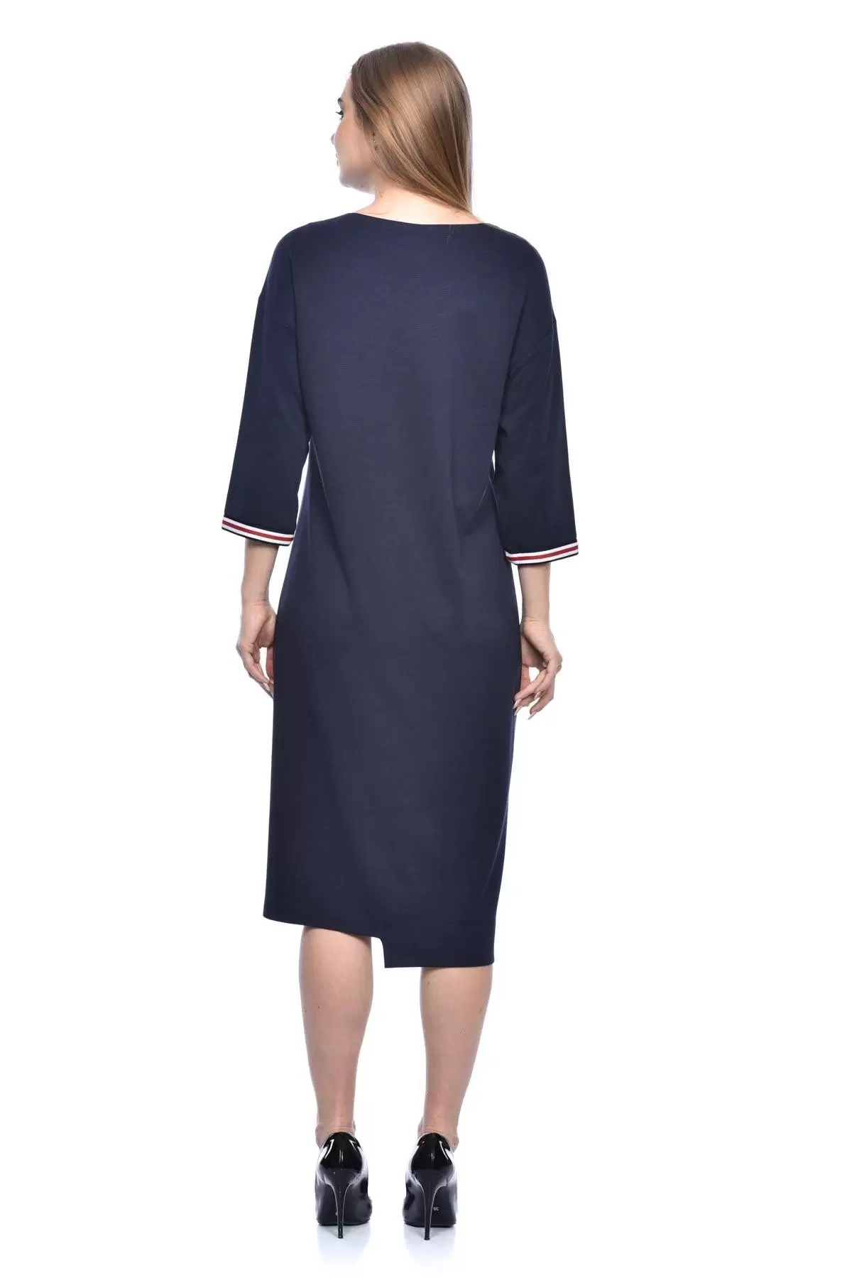 Bisiklet Yaka Deri Cepli Kısa Kollu Lacivert Kadın Elbise