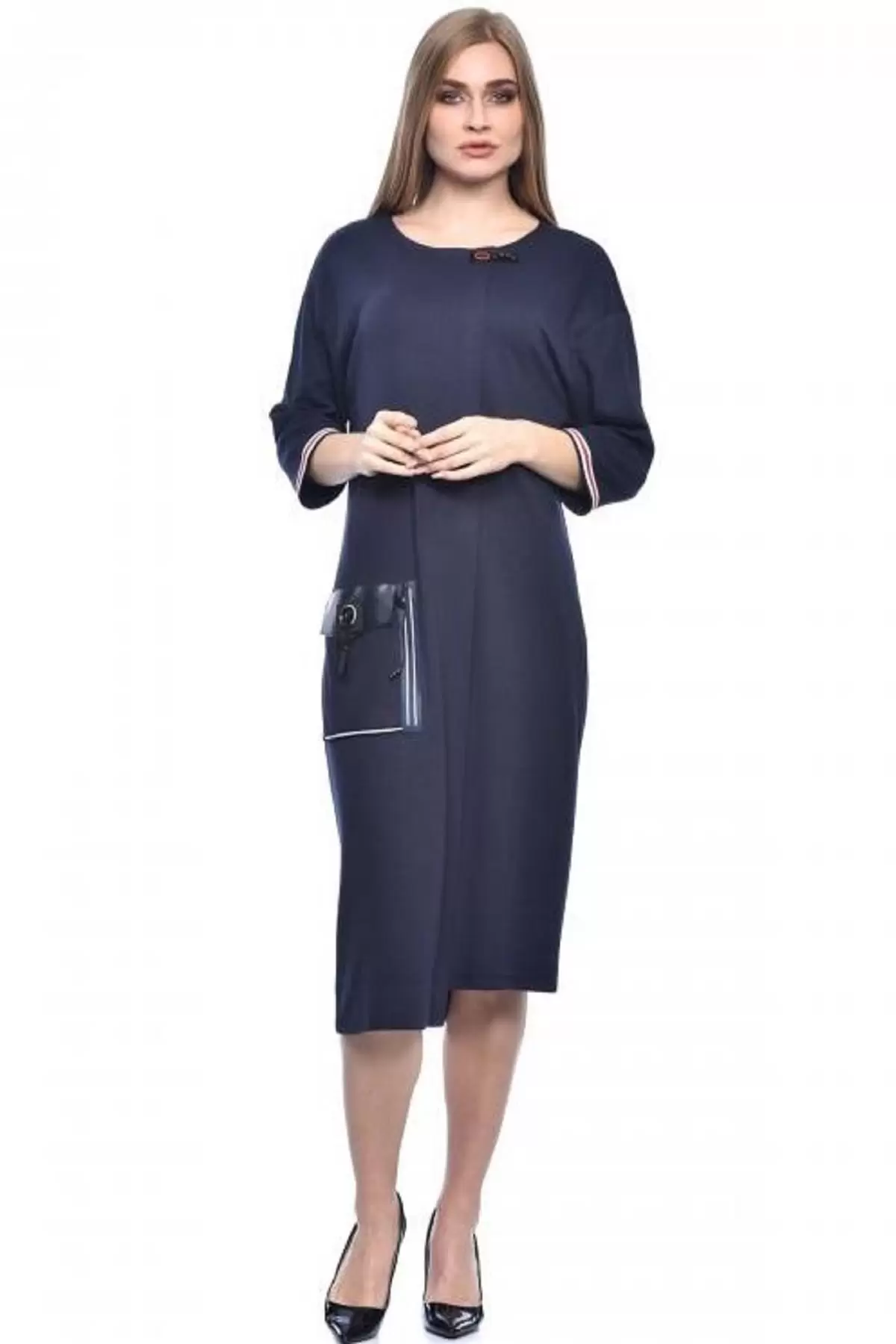 Bisiklet Yaka Deri Cepli Kısa Kollu Lacivert Kadın Elbise