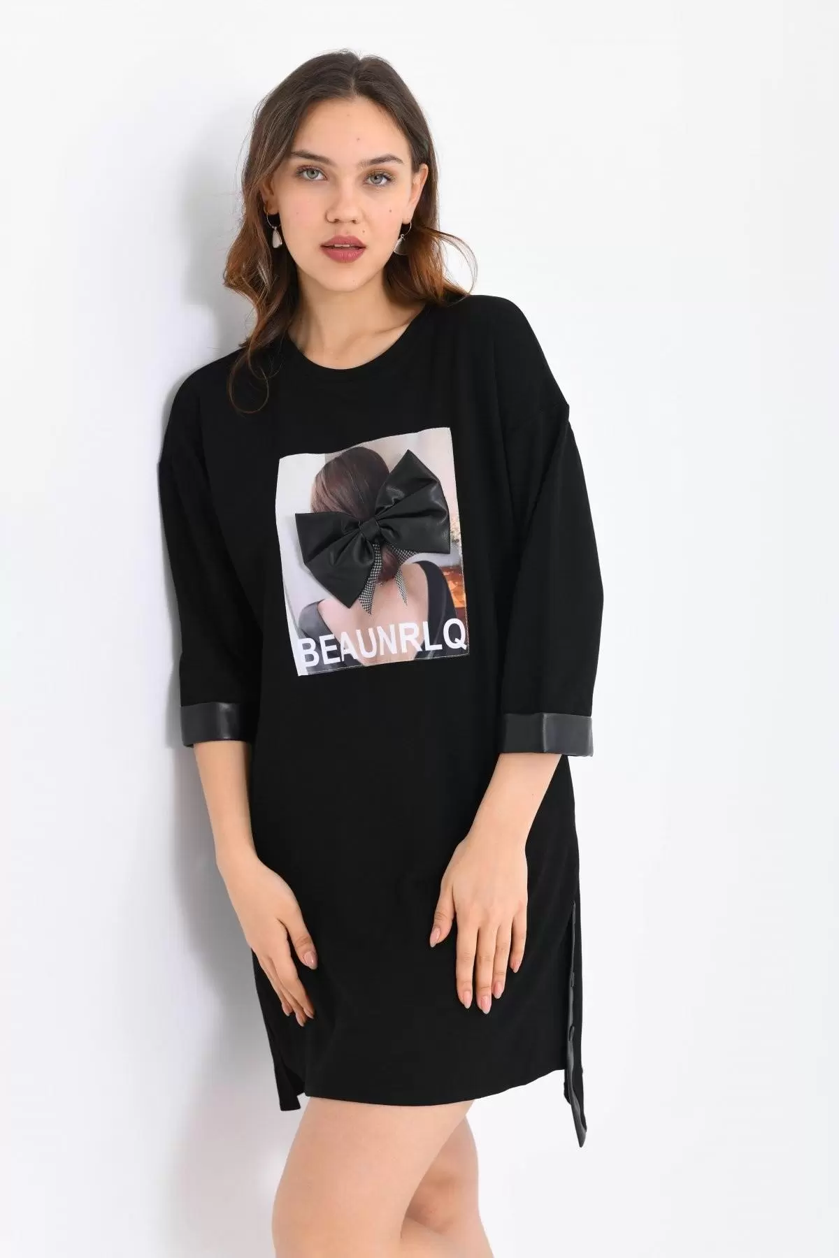 Bisiklet Yaka Deri ve Desenli Siyah Kadın Elbise