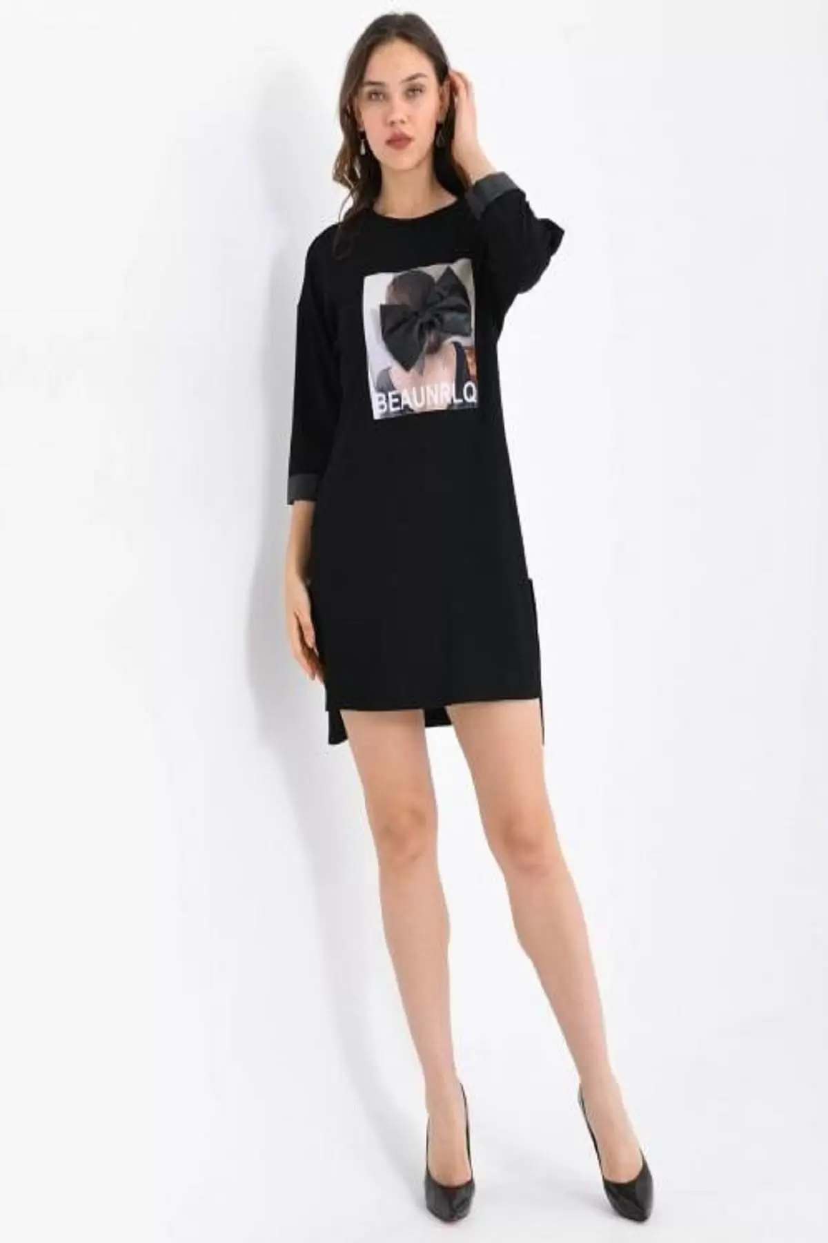 Bisiklet Yaka Deri ve Desenli Siyah Kadın Elbise