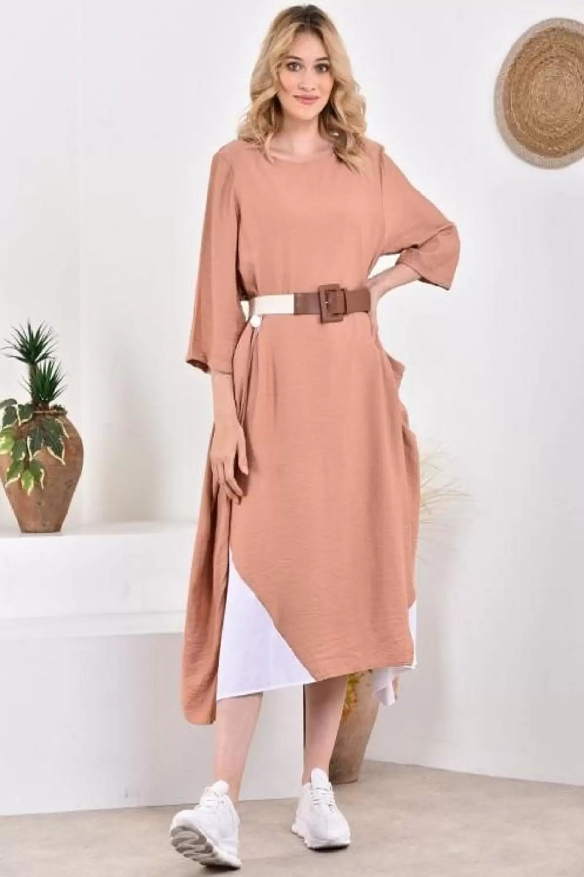 Bisiklet Yaka Düğmeli Astarlı Pudra Salaş Kadın Elbise