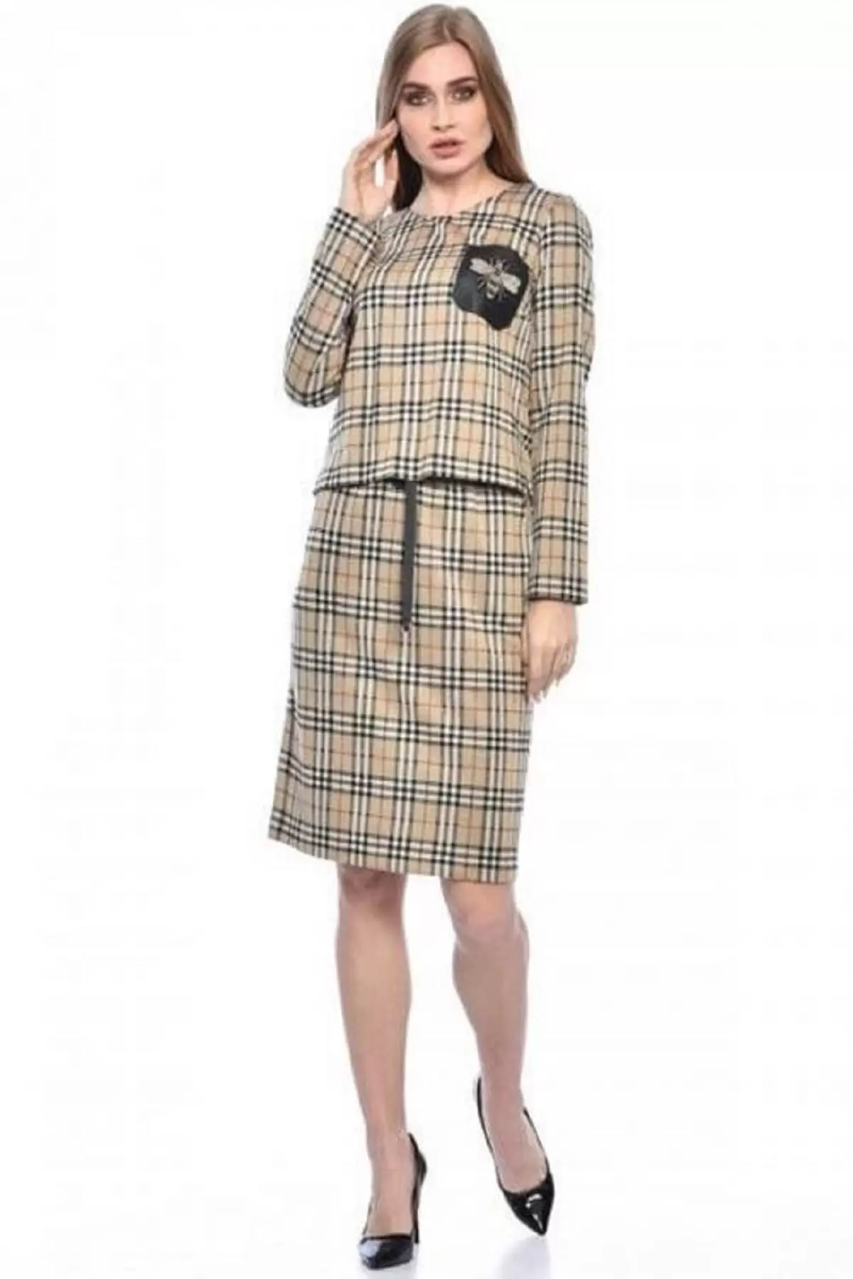 Bisiklet Yaka Etekli Bej Simli Alt Üst Ekose Kadın Elbise