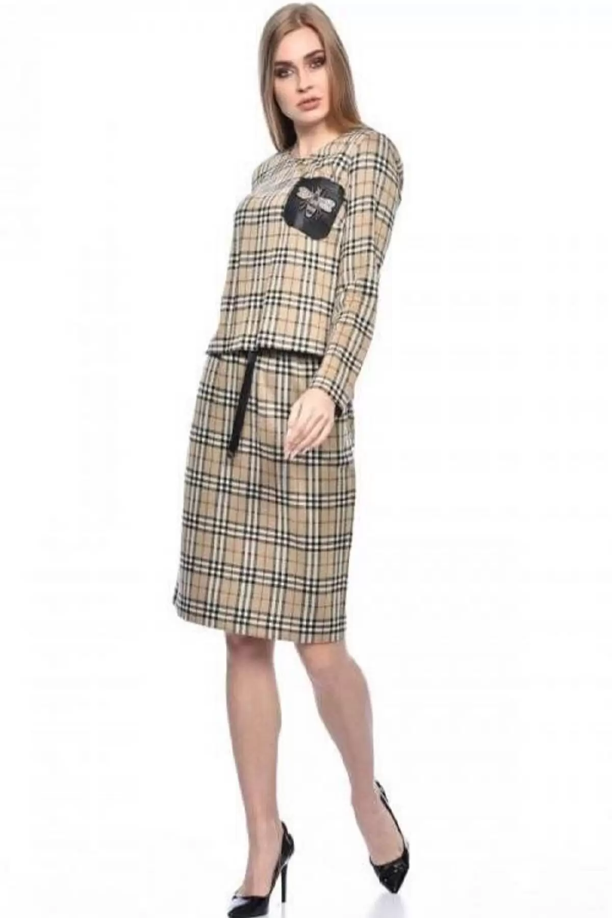Bisiklet Yaka Etekli Bej Simli Alt Üst Ekose Kadın Elbise