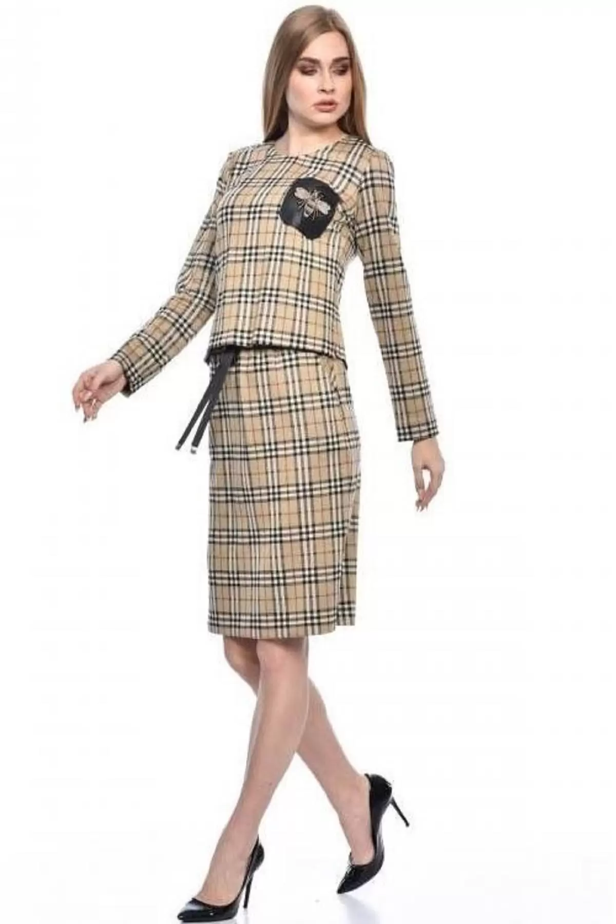 Bisiklet Yaka Etekli Bej Simli Alt Üst Ekose Kadın Elbise