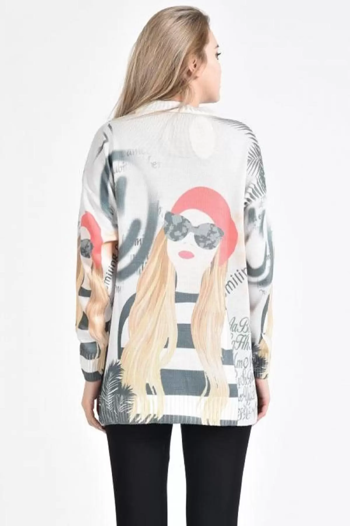 Bisiklet Yaka Gözlüklü Kadın Baskılı Gri-Beyaz Kazak