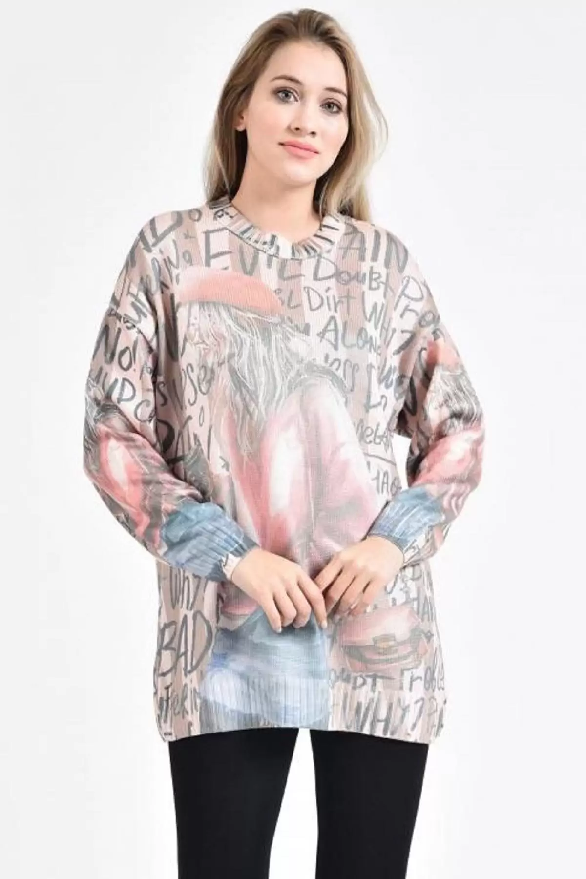 Bisiklet Yaka Kadın ve Yazı Baskılı Bej-Ekru Kadın Kazak