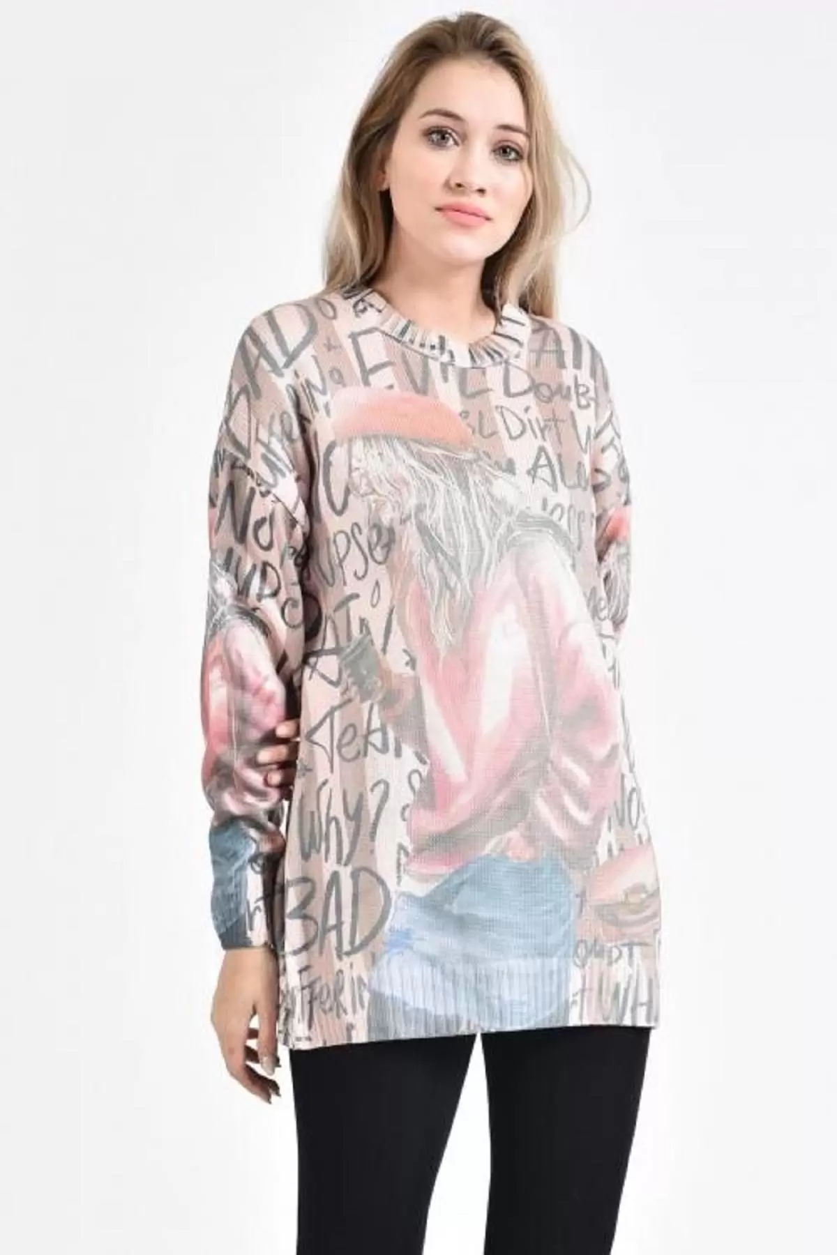 Bisiklet Yaka Kadın ve Yazı Baskılı Bej-Ekru Kadın Kazak