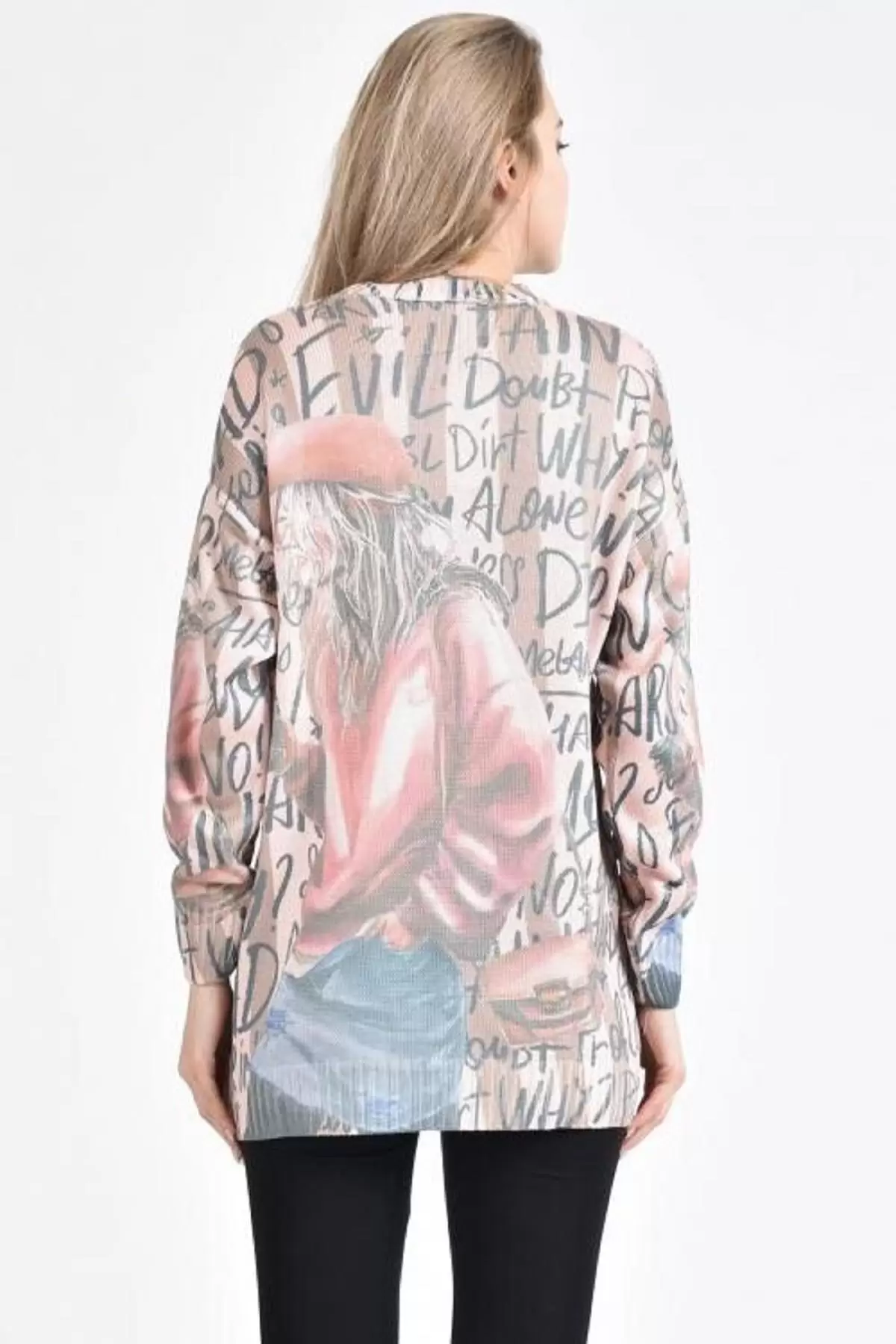 Bisiklet Yaka Kadın ve Yazı Baskılı Bej-Ekru Kadın Kazak