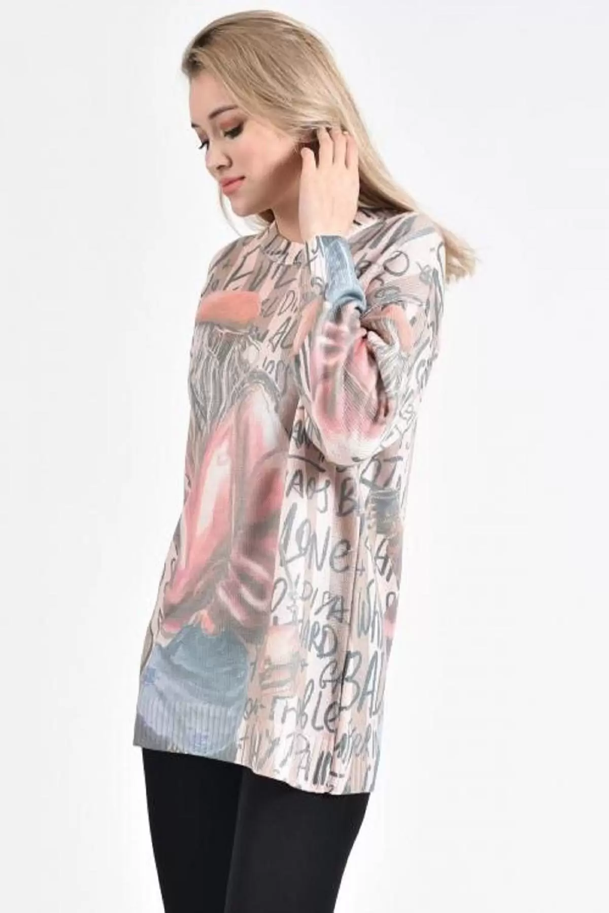 Bisiklet Yaka Kadın ve Yazı Baskılı Bej-Ekru Kadın Kazak