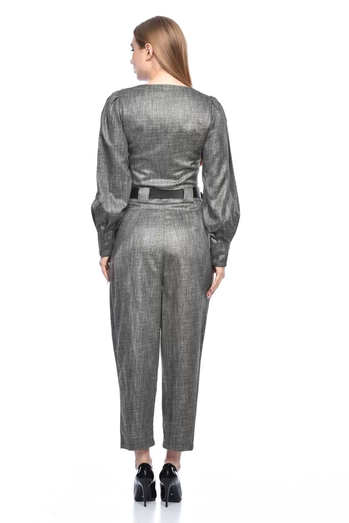 Bisiklet Yaka Kemerli Pantolonlu Alt Üst Gri Kadın Elbise