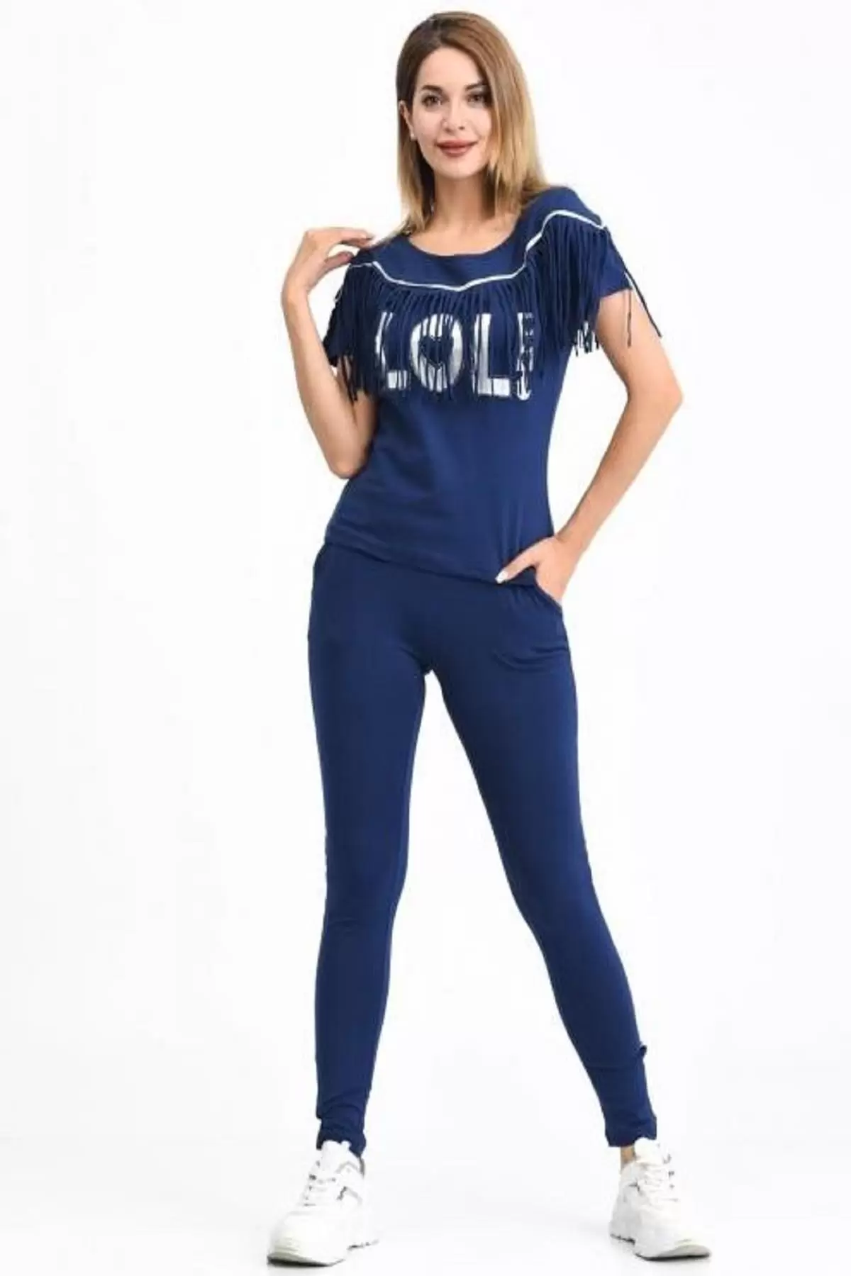 Bisiklet Yaka Kısa Kollu Püsküllü ve Şeritli Mavi Kadın Eşofman Takım