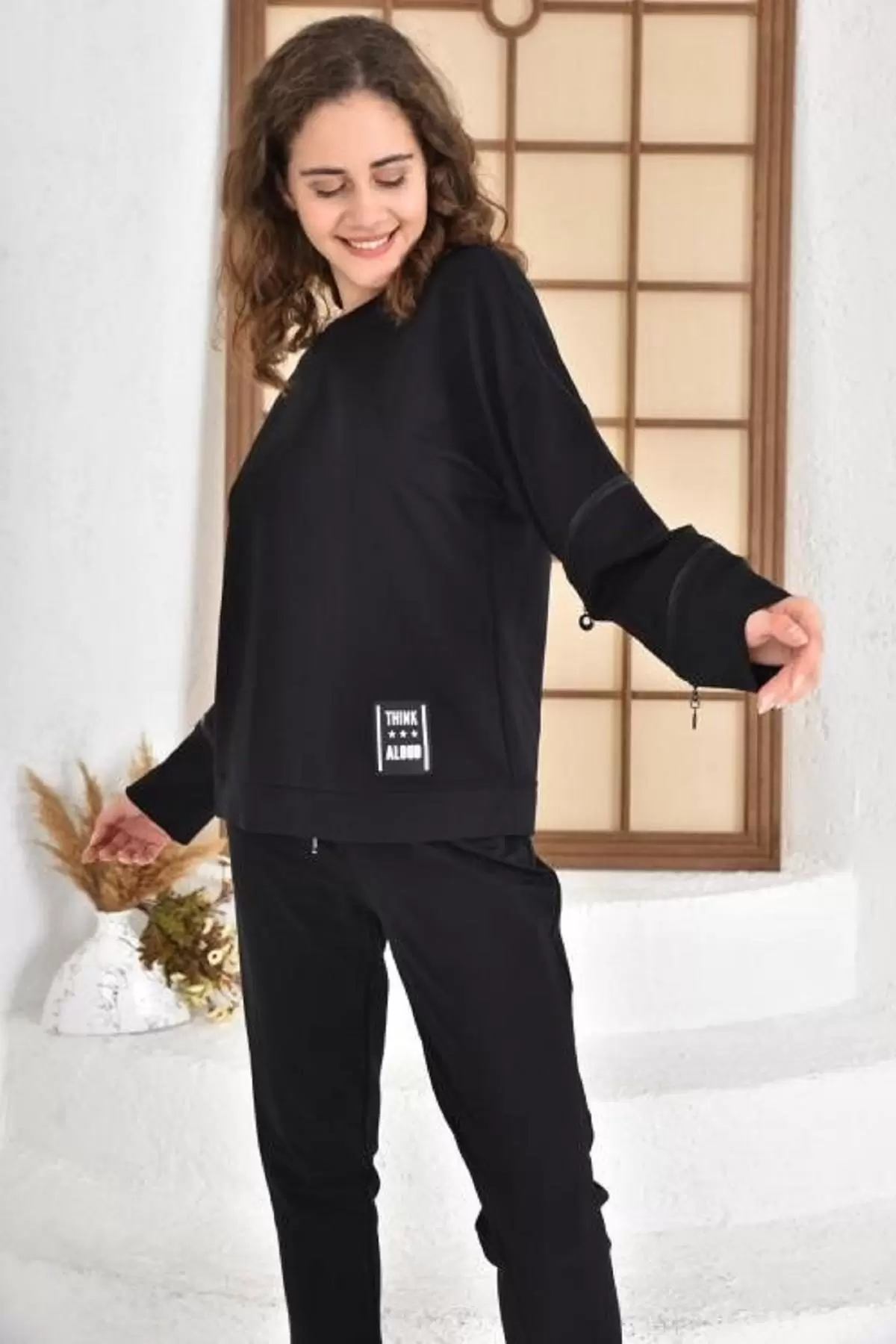 Bisiklet Yaka Koldan Fermuarlı Cepli Siyah Kadın Eşofman Takım