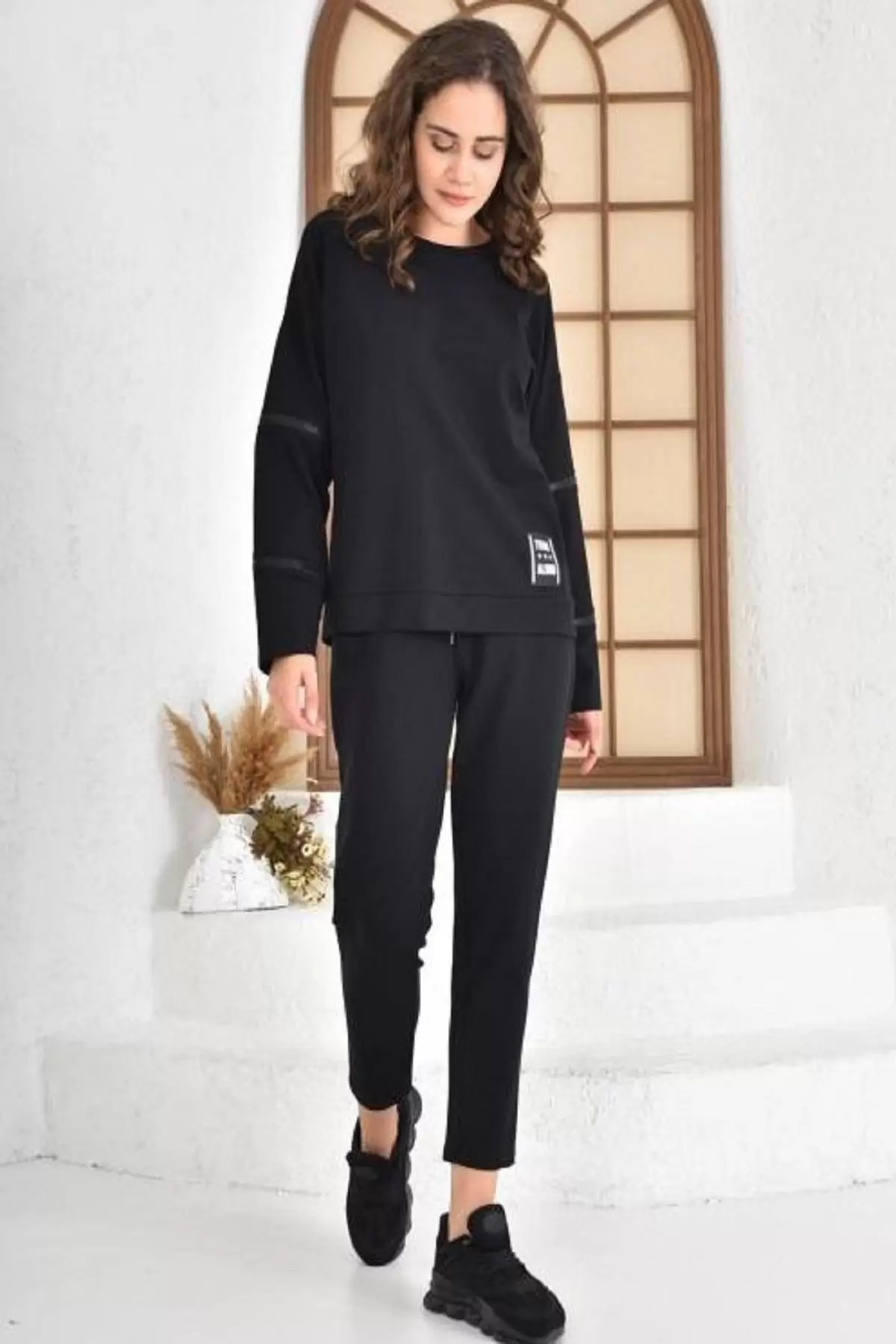 Bisiklet Yaka Koldan Fermuarlı Cepli Siyah Kadın Eşofman Takım
