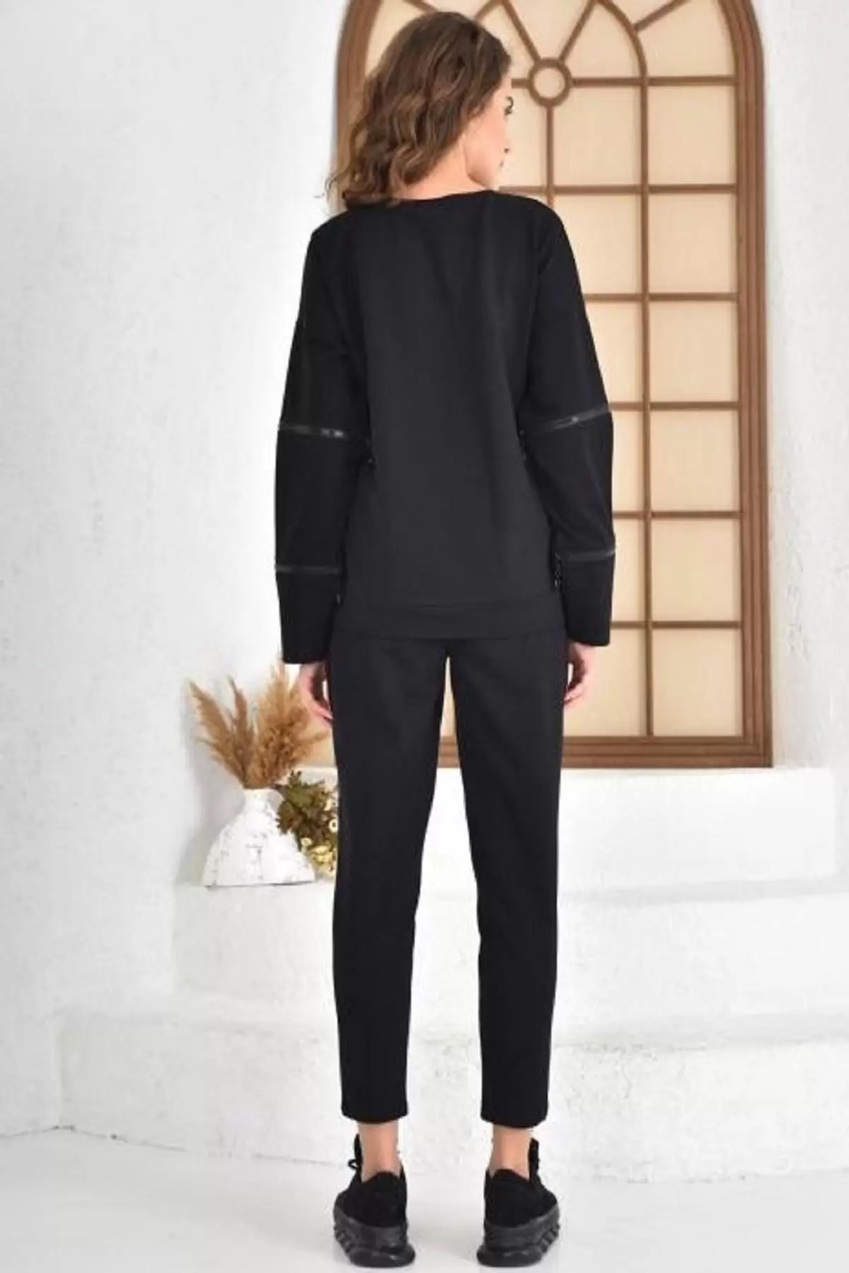 Bisiklet Yaka Koldan Fermuarlı Cepli Siyah Kadın Eşofman Takım