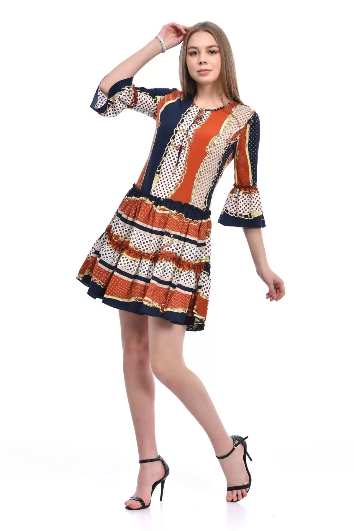 Bisiklet Yaka Kolu Volanlı Pileli Kiremit Kadın Elbise