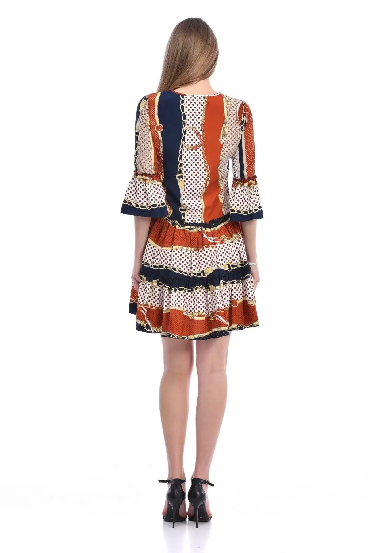 Bisiklet Yaka Kolu Volanlı Pileli Kiremit Kadın Elbise