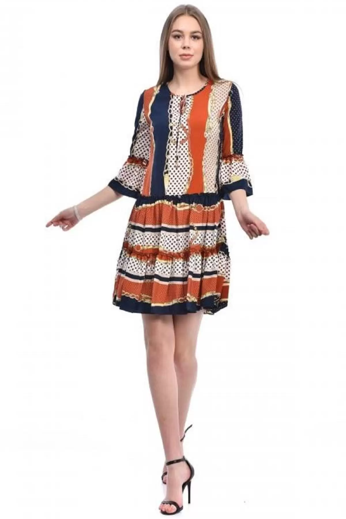 Bisiklet Yaka Kolu Volanlı Pileli Kiremit Kadın Elbise