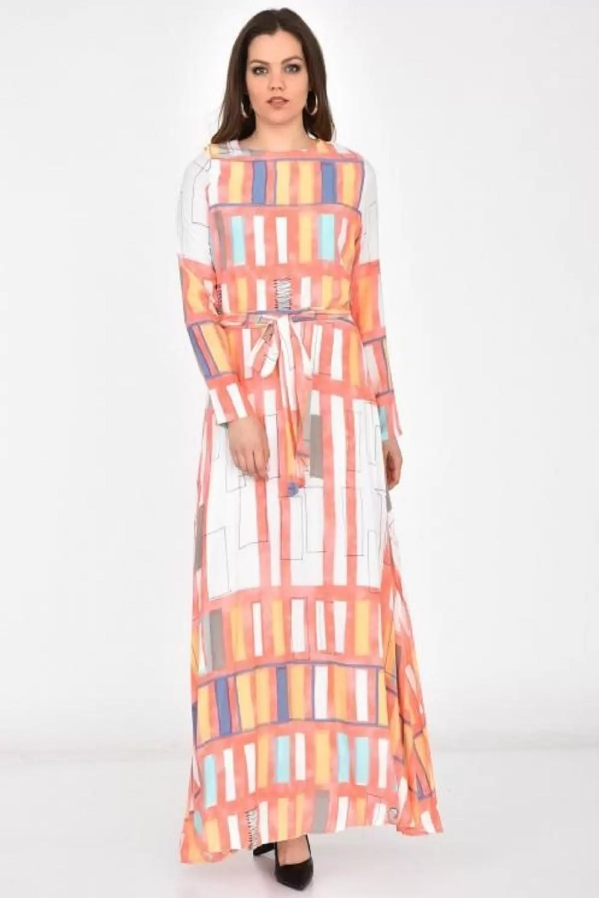 Bisiklet Yaka Kuşaklı ve Astarlı Pudra Kadın Elbise