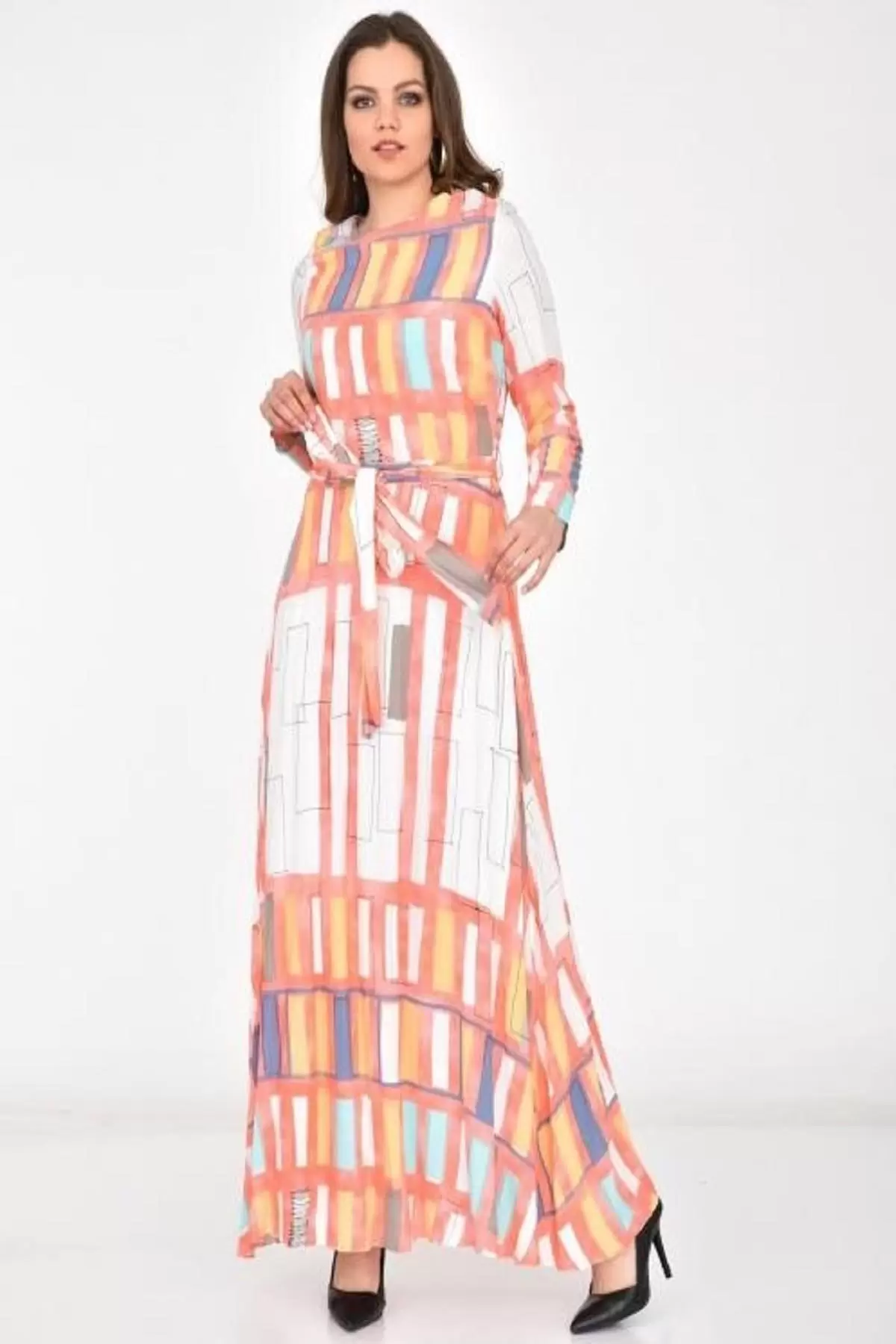 Bisiklet Yaka Kuşaklı ve Astarlı Pudra Kadın Elbise