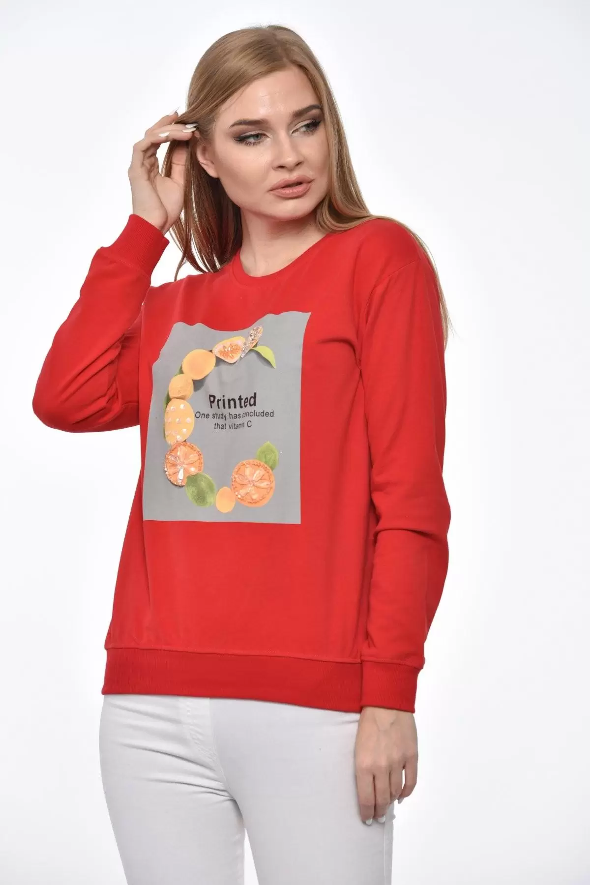 Bisiklet Yaka Limon Baskılı Taş ve Pullu Kırmızı Kadın Tişört