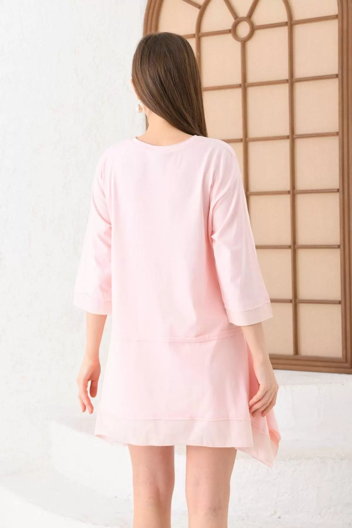 Bisiklet Yaka Mini Pudra Kadın Elbise