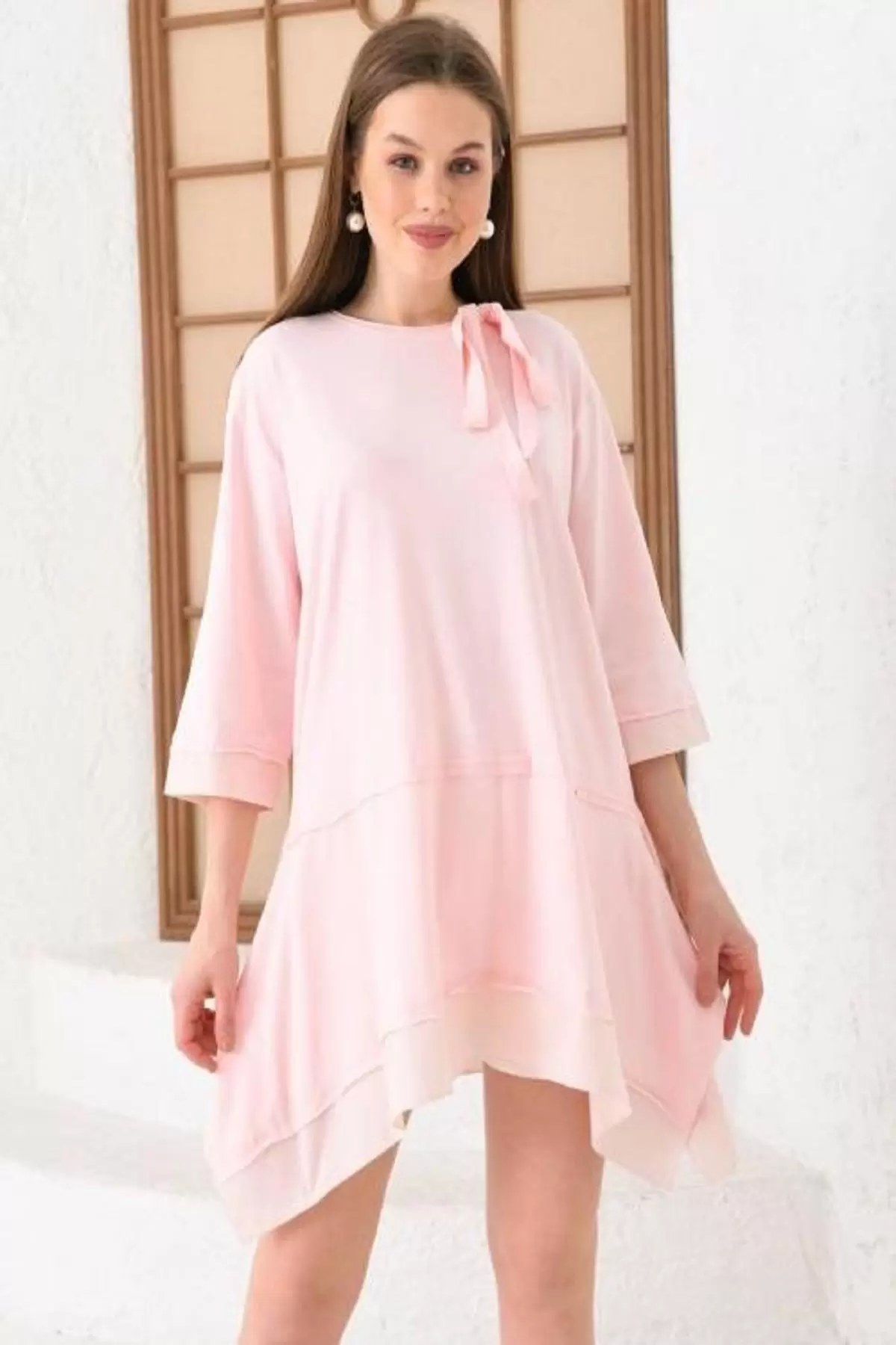 Bisiklet Yaka Mini Pudra Kadın Elbise