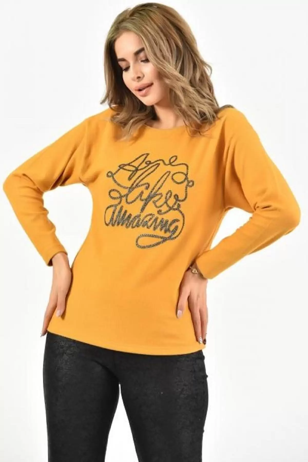 Bisiklet Yaka Nakış Baskılı Örme Hardal Kadın Bluz