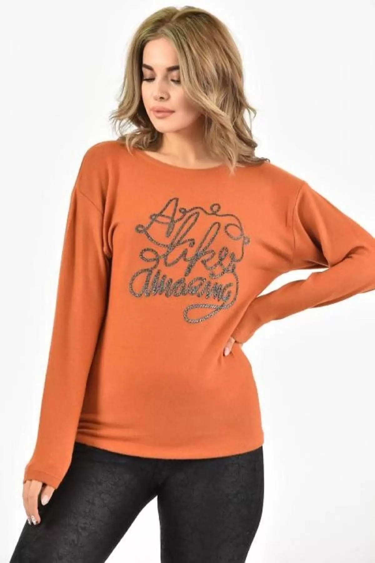 Bisiklet Yaka Nakış Baskılı Örme Kiremit Kadın Bluz